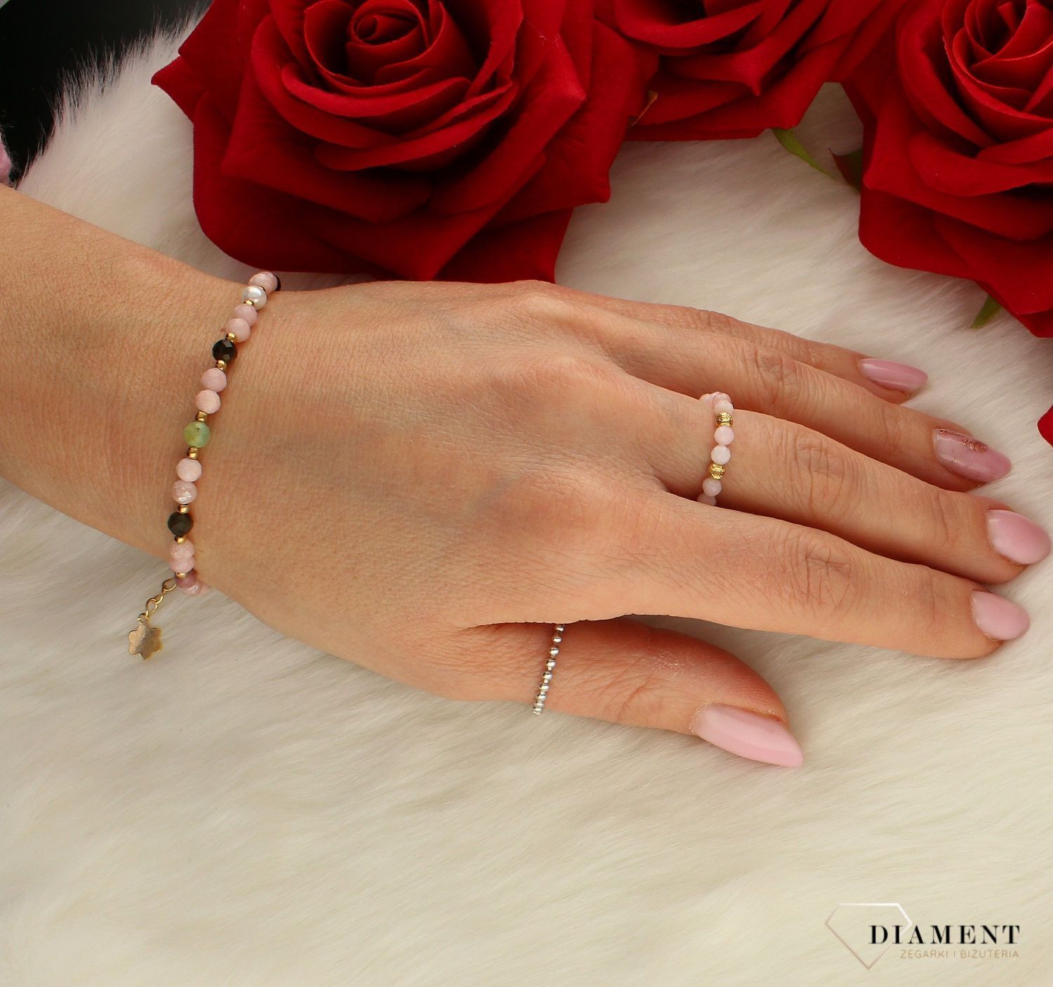 Pierścionek złoty damski na gumce kamienie naturalne opal różowy DIA-PRS-8173-585. damski pierścionek modny. pierścionek insta..jpg