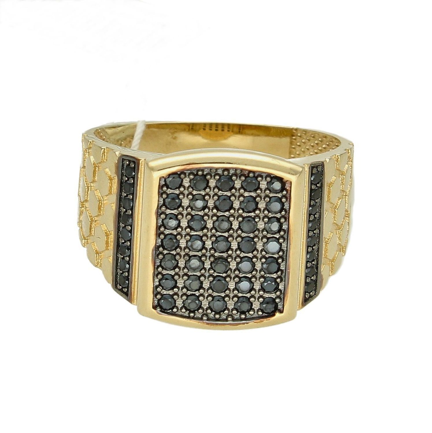 Złoty sygnet 585 męski z czarnymi cyrkoniami DIA-PRS-8575-585.  Pierścionek 585 wykonany z 14-karatowego żółtego złota. Efektowny i niezwykle szykowny dodatek do eleganckich oraz dziennych zestawień, urzeka czarnym kamieniem n (2).jpg