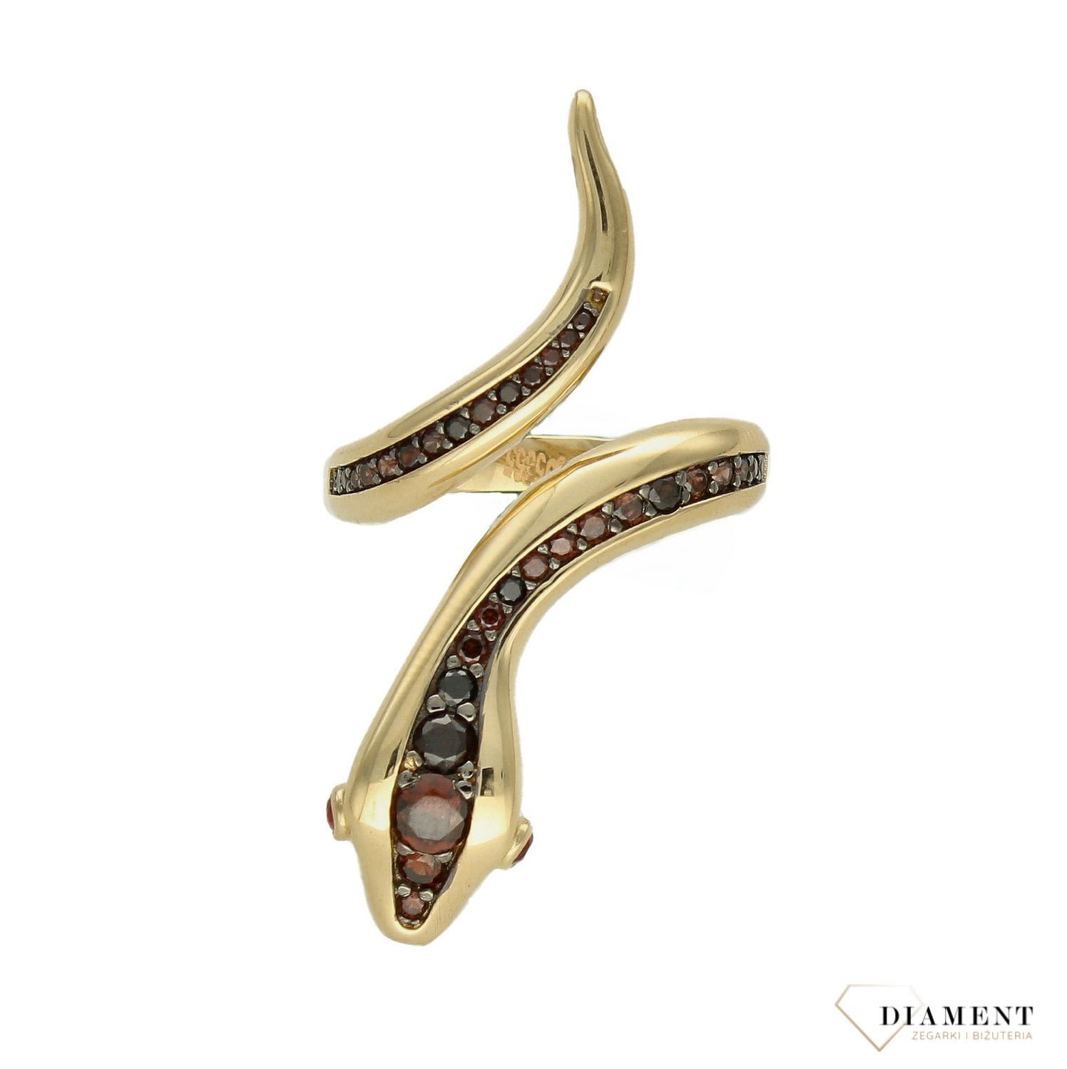 Złoty pierścionek 585 jaszczurka DIA-PRS-8577-585. Pierścionek został wykonany z najwyższej jakości złota próby 585. Waga pierścionka wynosi około 5,97 gram. Pierścionek został ozdobiony brązowymi i czarnymi cyrkoniami o modny (3).jpg