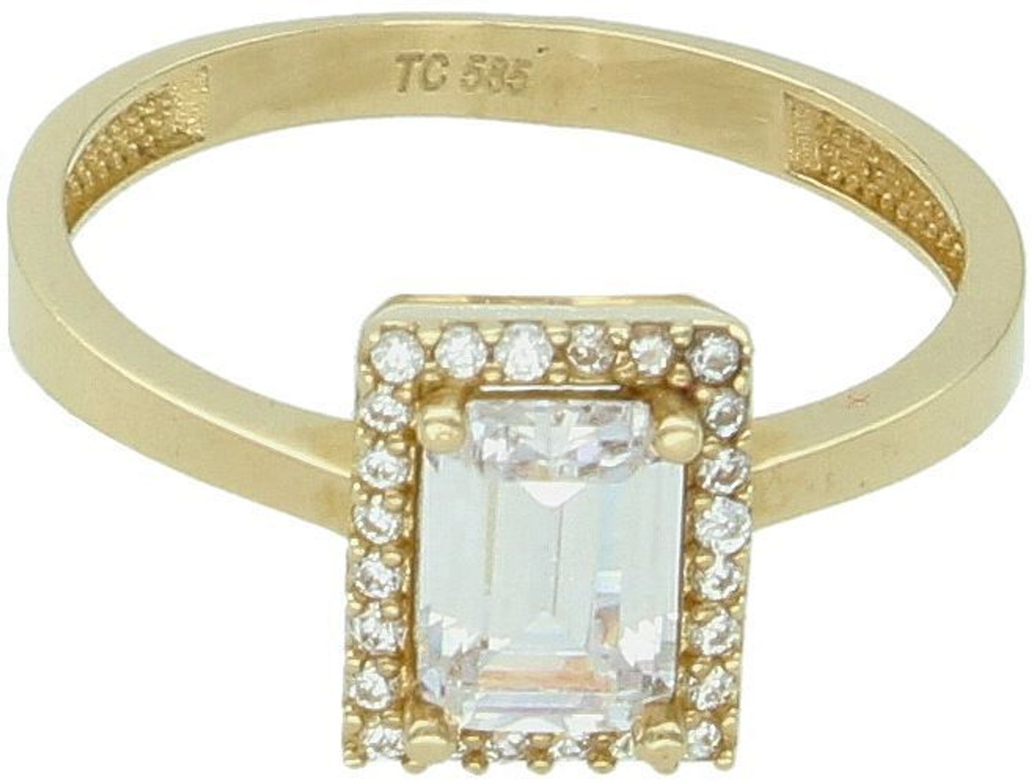 Złoty pierścionek próby 585 z prostokątnym elementem zdobionym cyrkoniami. Model DIA-PRS-8882-585, waga 3,59 g, elegancja w klasycznym wydaniu.1.jpg