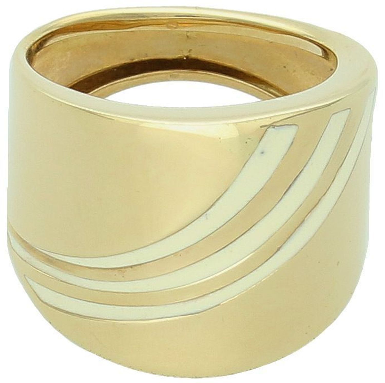 Wyjątkowy złoty pierścionek damski z trzema pasami kremowej emalii, próba 585, model DIA-PRS-8886-585. Waga 4,20 g, szerokość 1,8 cm, rozmiar 16 – elegancja i nowoczesność w jednym.1.jpg