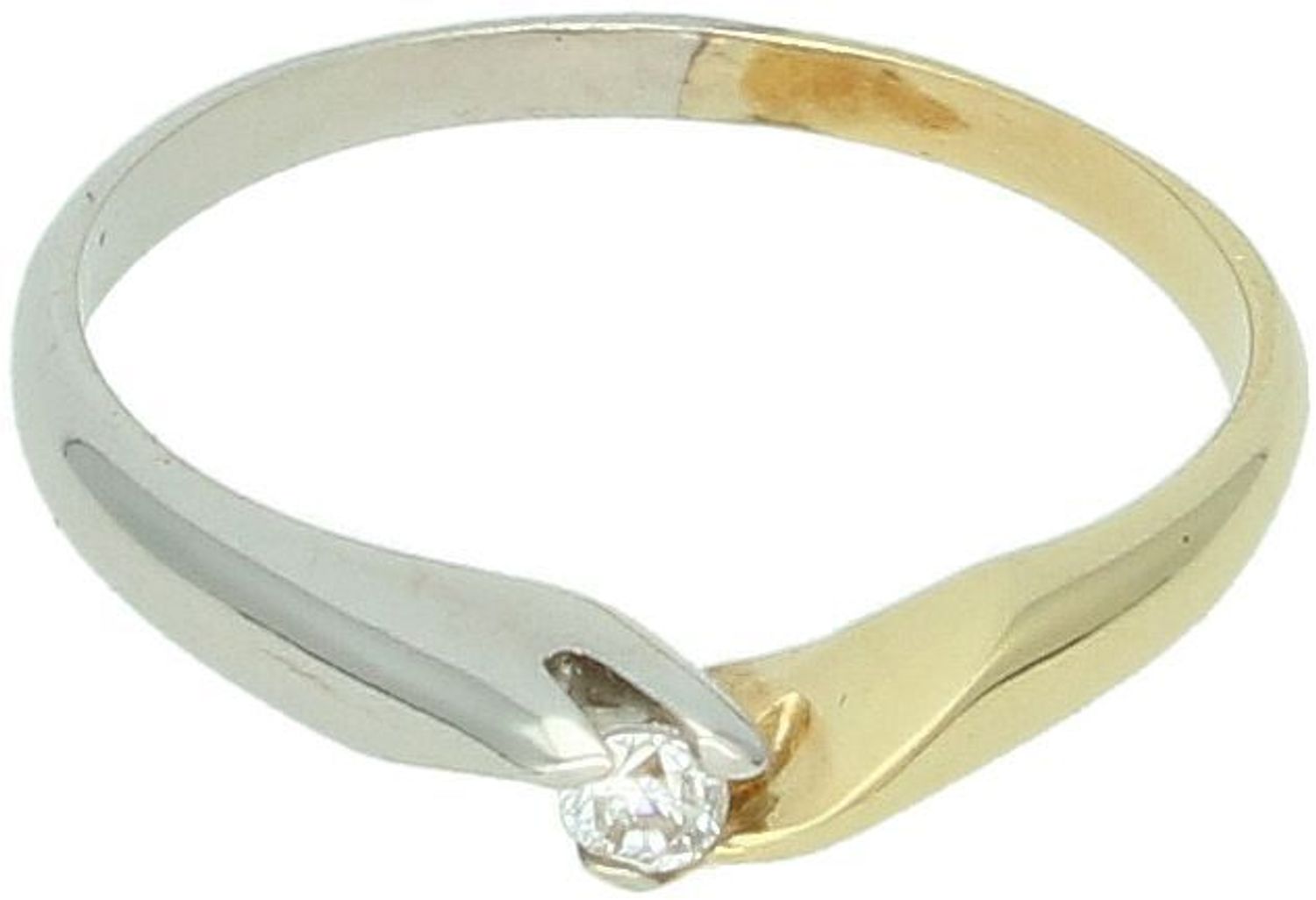 Złoty pierścionek łączony z białym złotem próby 585. Model DIA-PRS-8892-585 z jedną cyrkonią 2 mm. Waga 1,95 g, rozmiar 17. Subtelna elegancja na każdą okazję.1.jpg