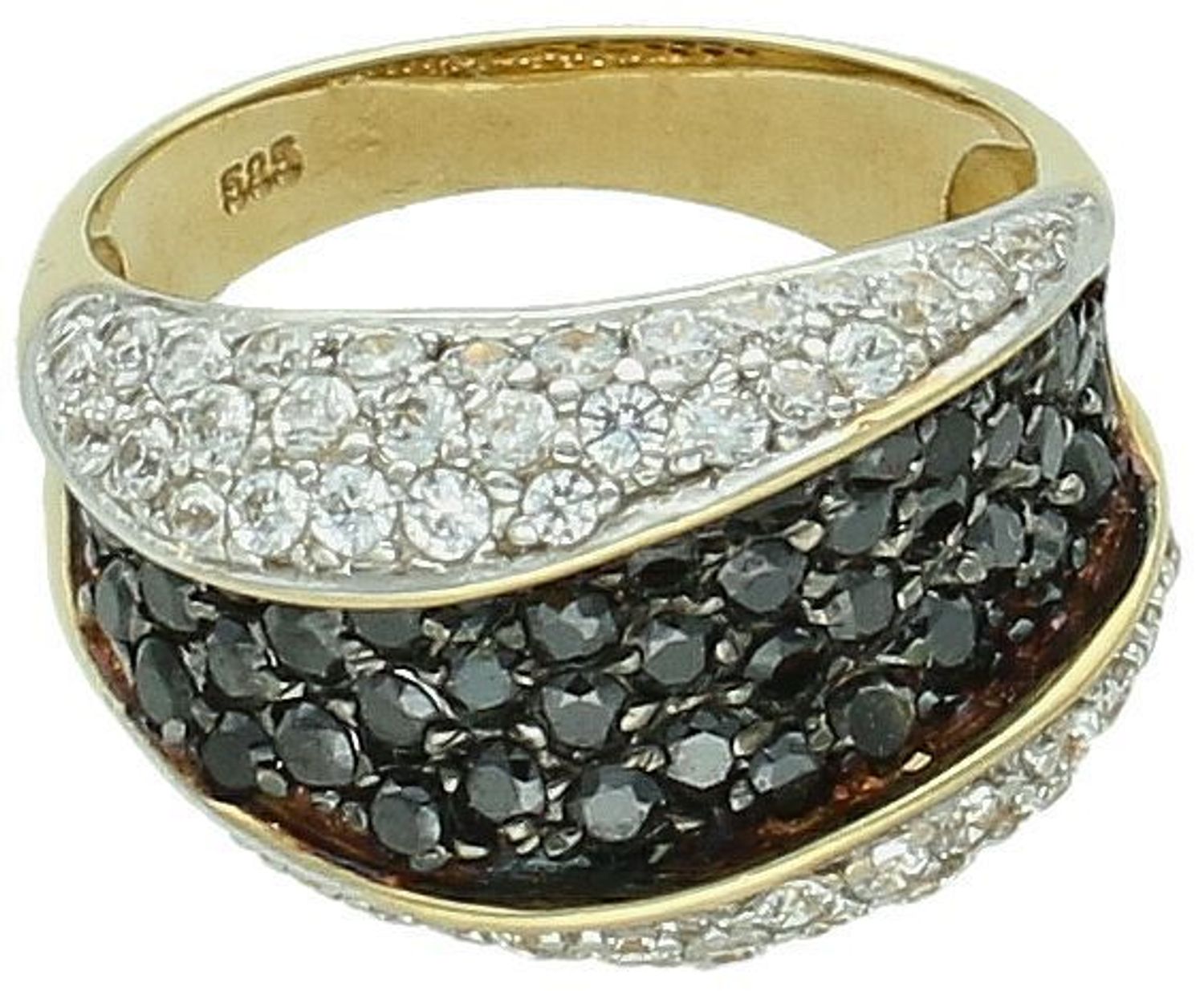 Złoty pierścionek szeroki z czarną i białą cyrkonią próba 585, DIA-PRS-8894-585. Szeroki pierścionek z czarną i białą cyrkonią to odważny i elegancki wybór, który z pewnością przyciągnie wzrok.1.jpg