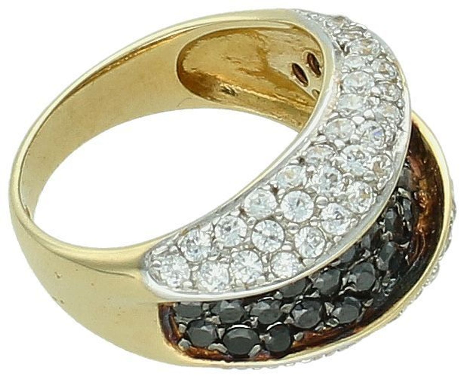 Złoty pierścionek szeroki z czarną i białą cyrkonią próba 585, DIA-PRS-8894-585. Szeroki pierścionek z czarną i białą cyrkonią to odważny i elegancki wybór, który z pewnością przyciągnie wzrok.1.jpg