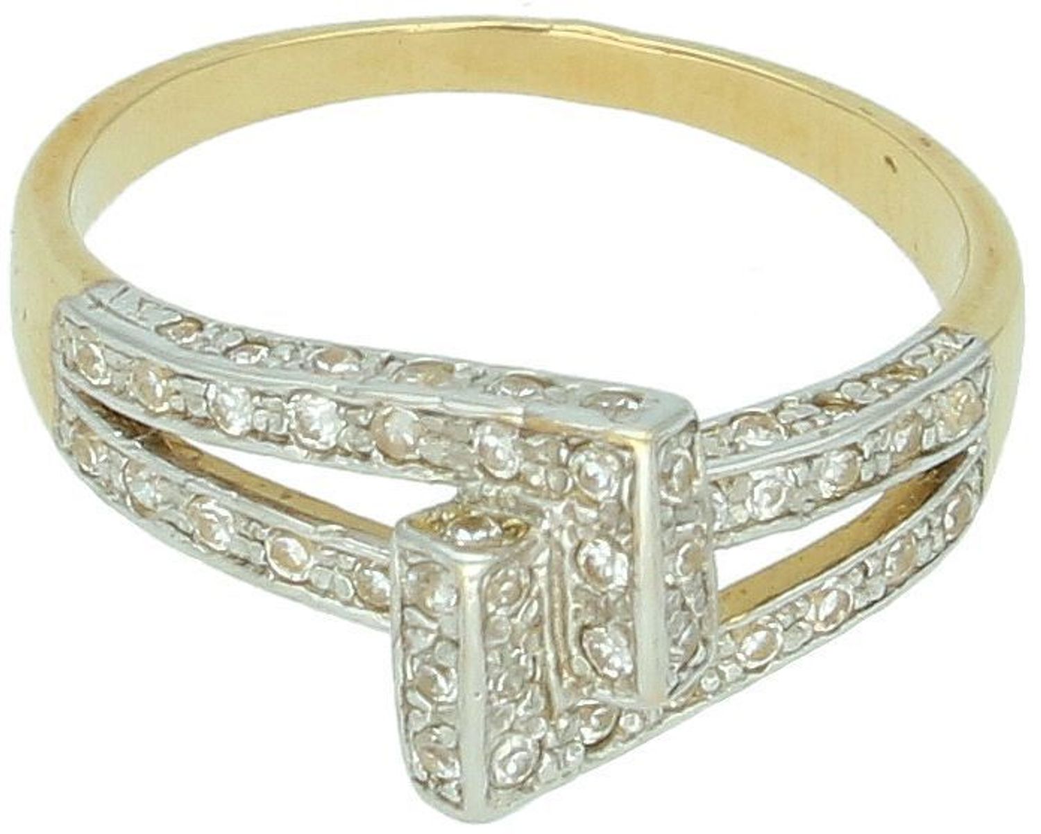 Nowoczesny złoty pierścionek damski 585 zdobiony cyrkoniami. Geometryczny wzór, 3,34 g, szerokość górnej części 9 mm. Model DIA-PRS-8896-585.1.jpg