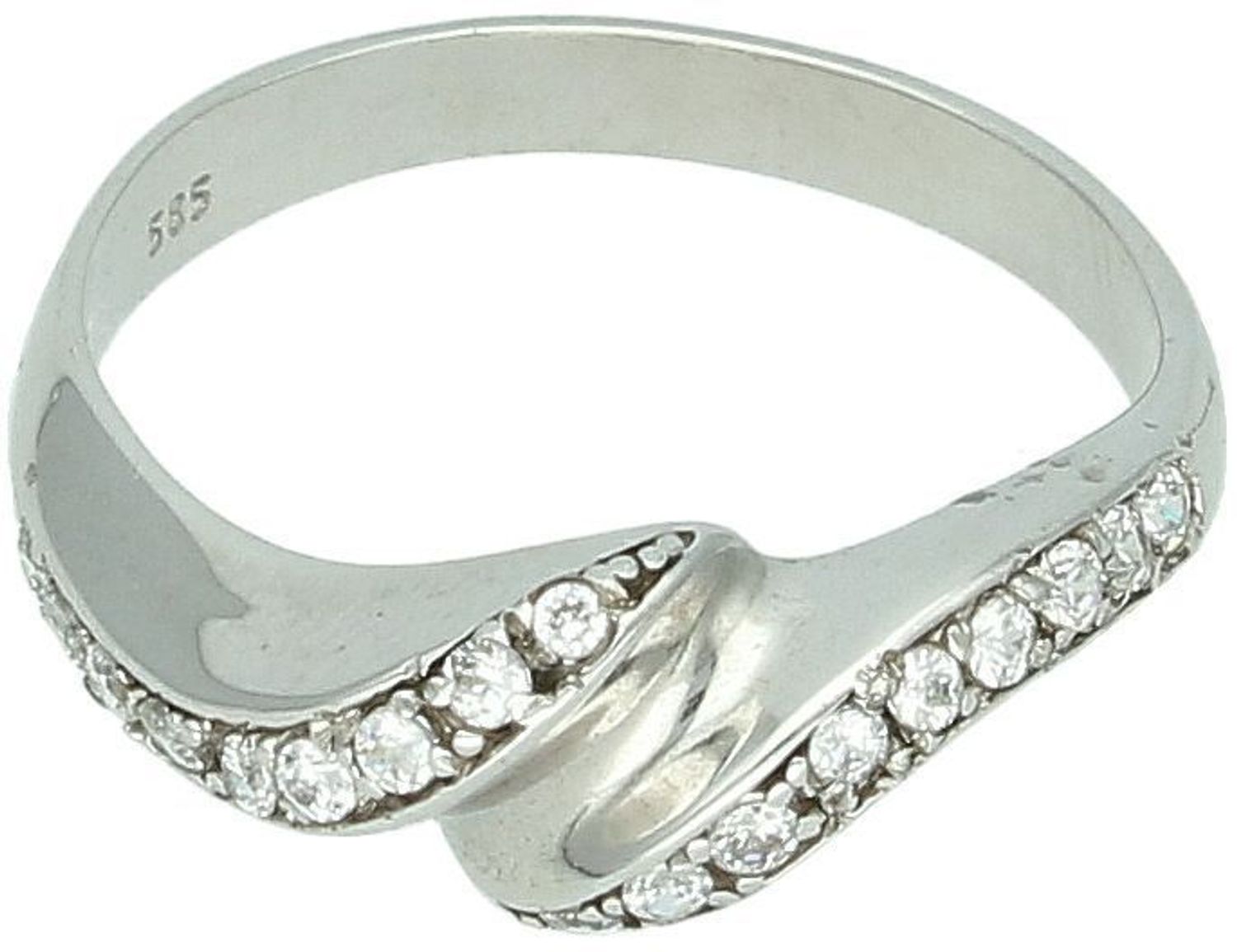 Elegancki pierścionek damski z białego złota próby 585 zdobiony białymi cyrkoniami. Waga 2,84 g, szerokość górnej części 7 mm, rozmiar 17.1.jpg