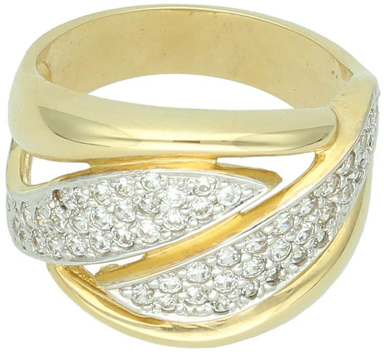 Szeroki pierścionek damski złoty próba 585, zdobiony cyrkoniami. Waga 6,80 g, szerokość górnej części 1,5 cm, szyna 5 mm. Stylowy i wygodny dodatek.1.jpg