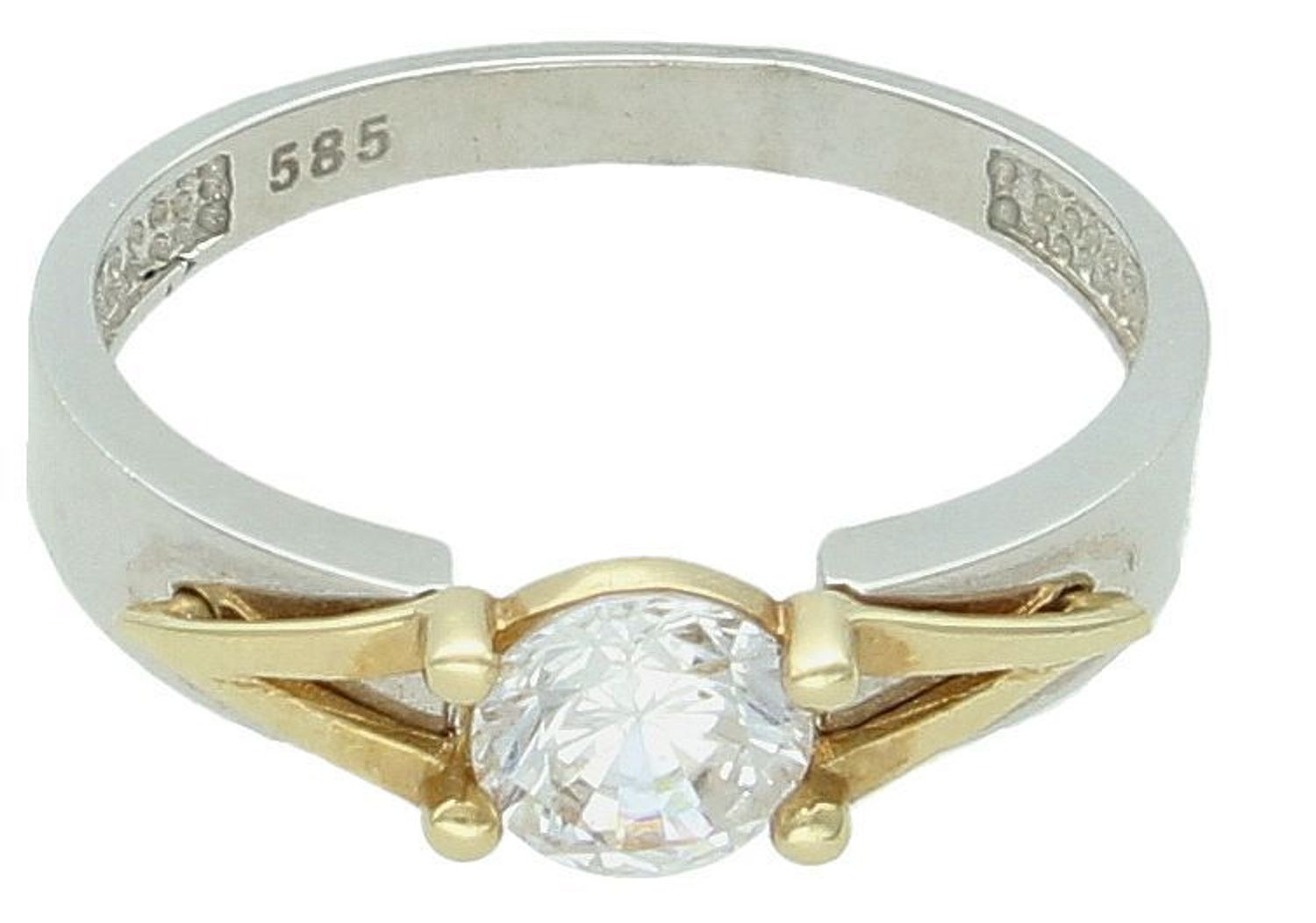 Pierścionek damski 585 z białego i żółtego złota, zdobiony dużą cyrkonią 6 mm. Elegancki i nowoczesny model DIA-PRS-8905-585 o wadze 2,66 g.1.jpg