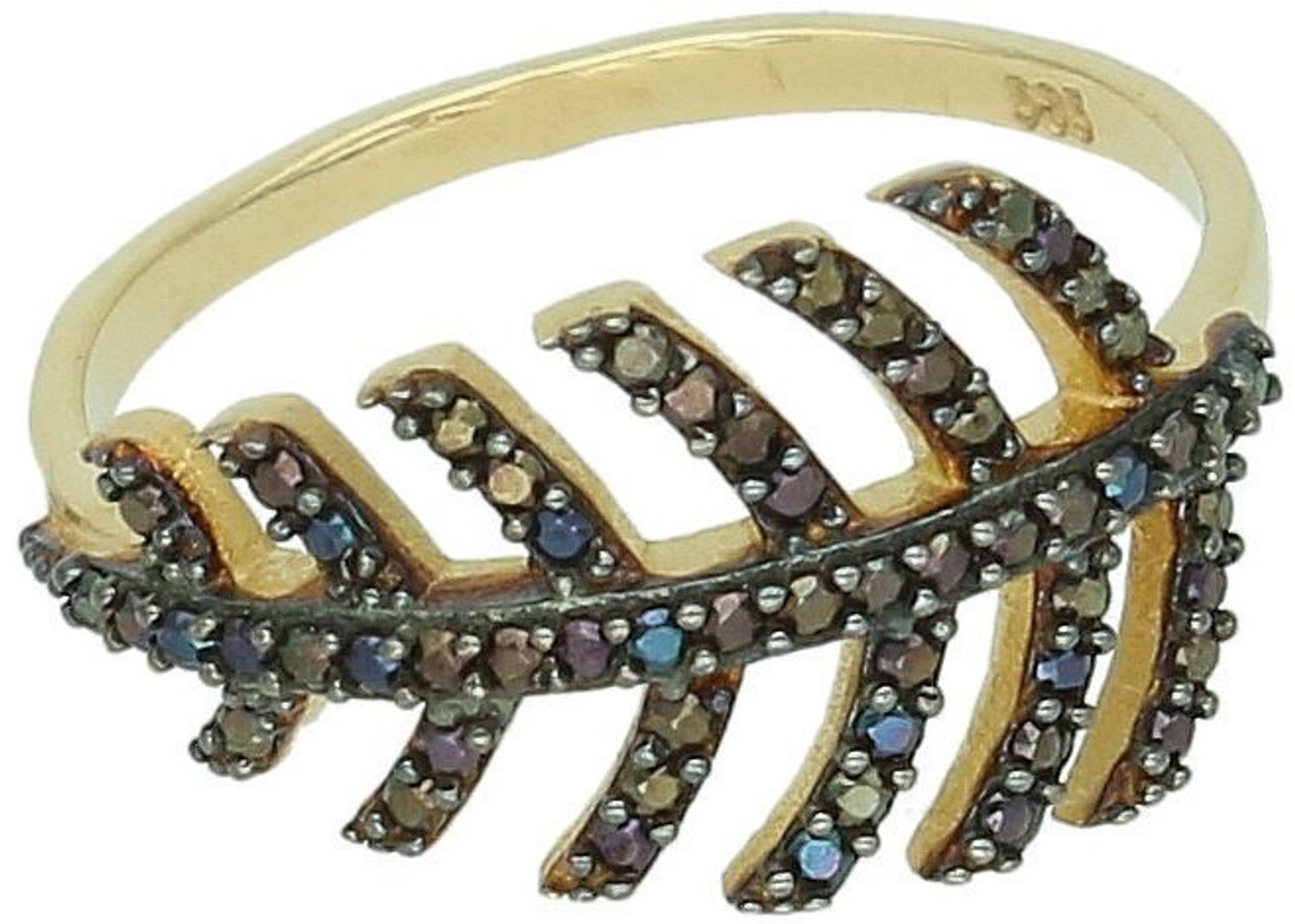 Złoty pierścionek damski DIA-PRS-8908-585 próby 585 z motywem liścia i czarnymi cyrkoniami. Waga 2,48 g, delikatna szyna 1 mm. Elegancja inspirowana naturą – gwarancja i opakowanie w zestawie.1.jpg