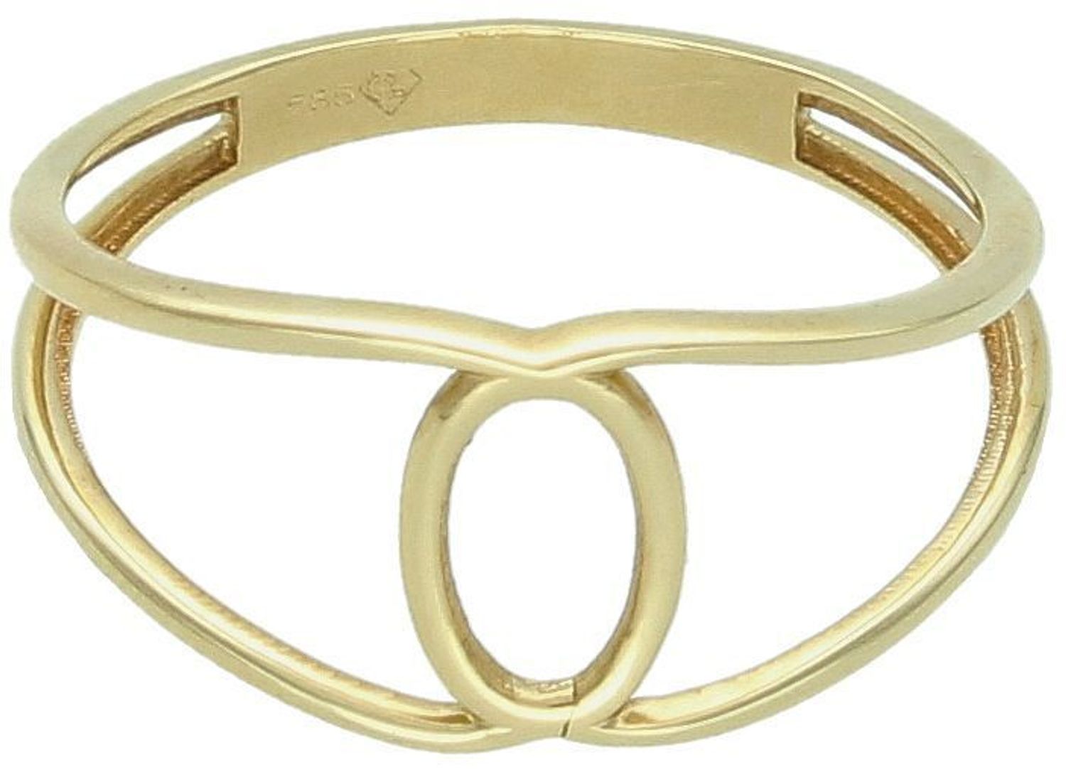 Złoty pierścionek damski próby 585 z przeplatanym wzorem. Górna część 1 cm, szyna 3 mm, waga 1,67 g. DIA-PRS-8913-585 – lekki, nowoczesny i subtelny design.1.jpg