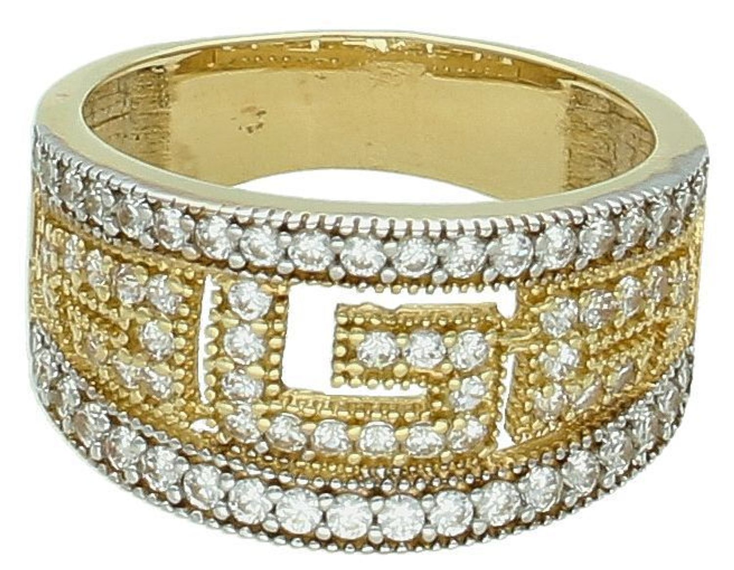 Złoty pierścionek szeroki droga grecka próba 585, DIA-PRS-8921-585. Złoty pierścionek z motywem greckim dodatkowo ozdobiony cyrkonią to doskonały wybór dla osób, które cenią klasyczne 2.jpg