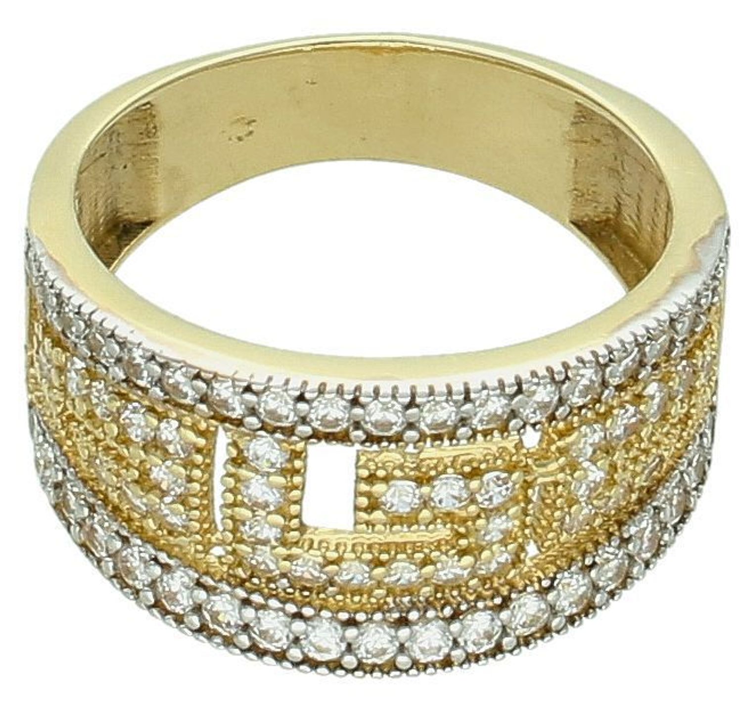 Złoty pierścionek szeroki droga grecka próba 585, DIA-PRS-8921-585. Złoty pierścionek z motywem greckim dodatkowo ozdobiony cyrkonią to doskonały wybór dla osób, które cenią klasyczne 2.jpg