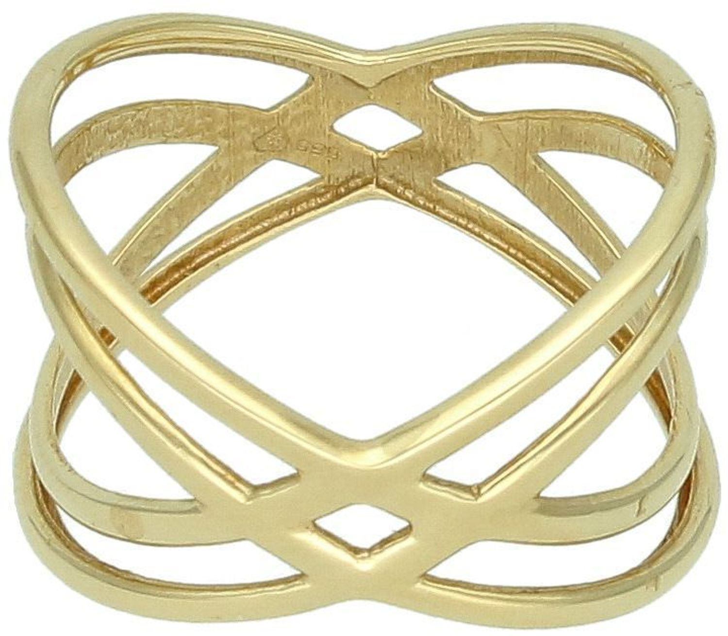 Złoty pierścionek damski próby 585, szeroki, o eleganckim designie. Rozmiar 18, szerokość górnej części 1,4 cm, dolna część 6 mm. Waga 3,46 g.1.jpg