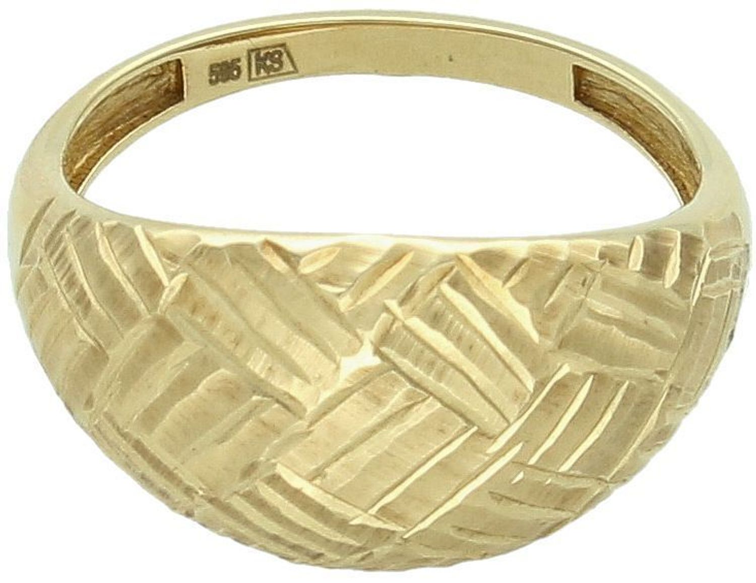 Złoty pierścionek próby 585 z ozdobnym wzorem. Szerokość górnej części 1,2 cm, szyna 2 mm, waga 2,72 g. Model DIA-PRS-8926-585 – klasyka z eleganckim detalem.1.jpg