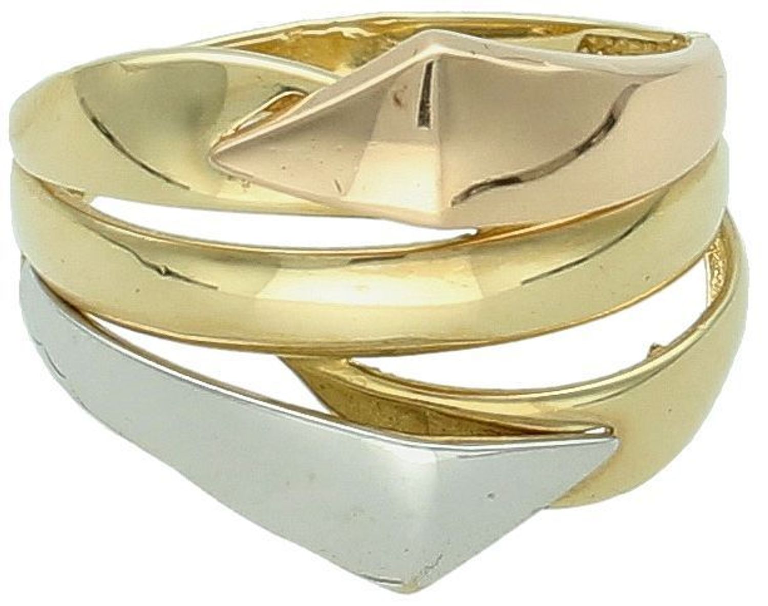 Złoty pierścionek szeroki z trzema kolorami złota próba 585 rozmiar 18, DIA-PRS-8927-585. Pierścionek jest wykonany z połączenia klasycznego żółtego, eleganckiego różowego i 2.jpg