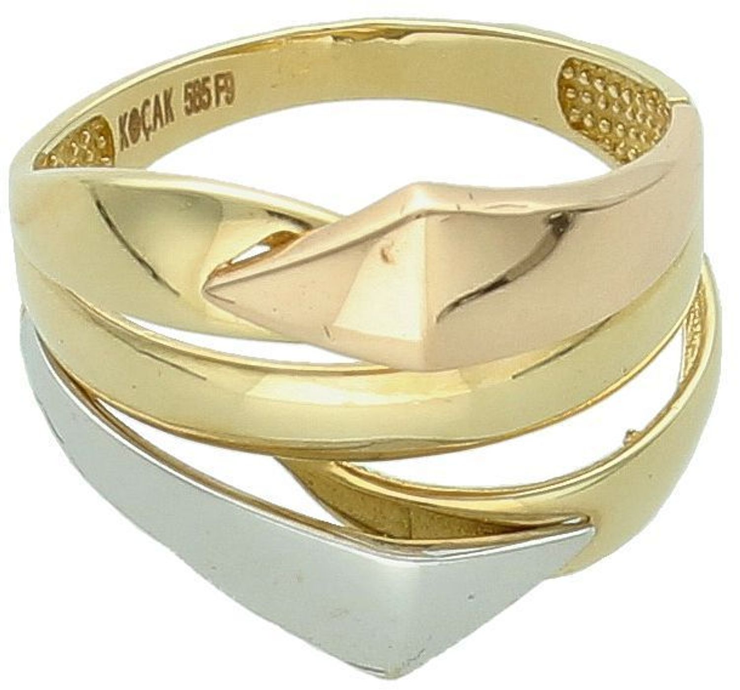 Złoty pierścionek szeroki z trzema kolorami złota próba 585 rozmiar 18, DIA-PRS-8927-585. Pierścionek jest wykonany z połączenia klasycznego żółtego, eleganckiego różowego i 2.jpg