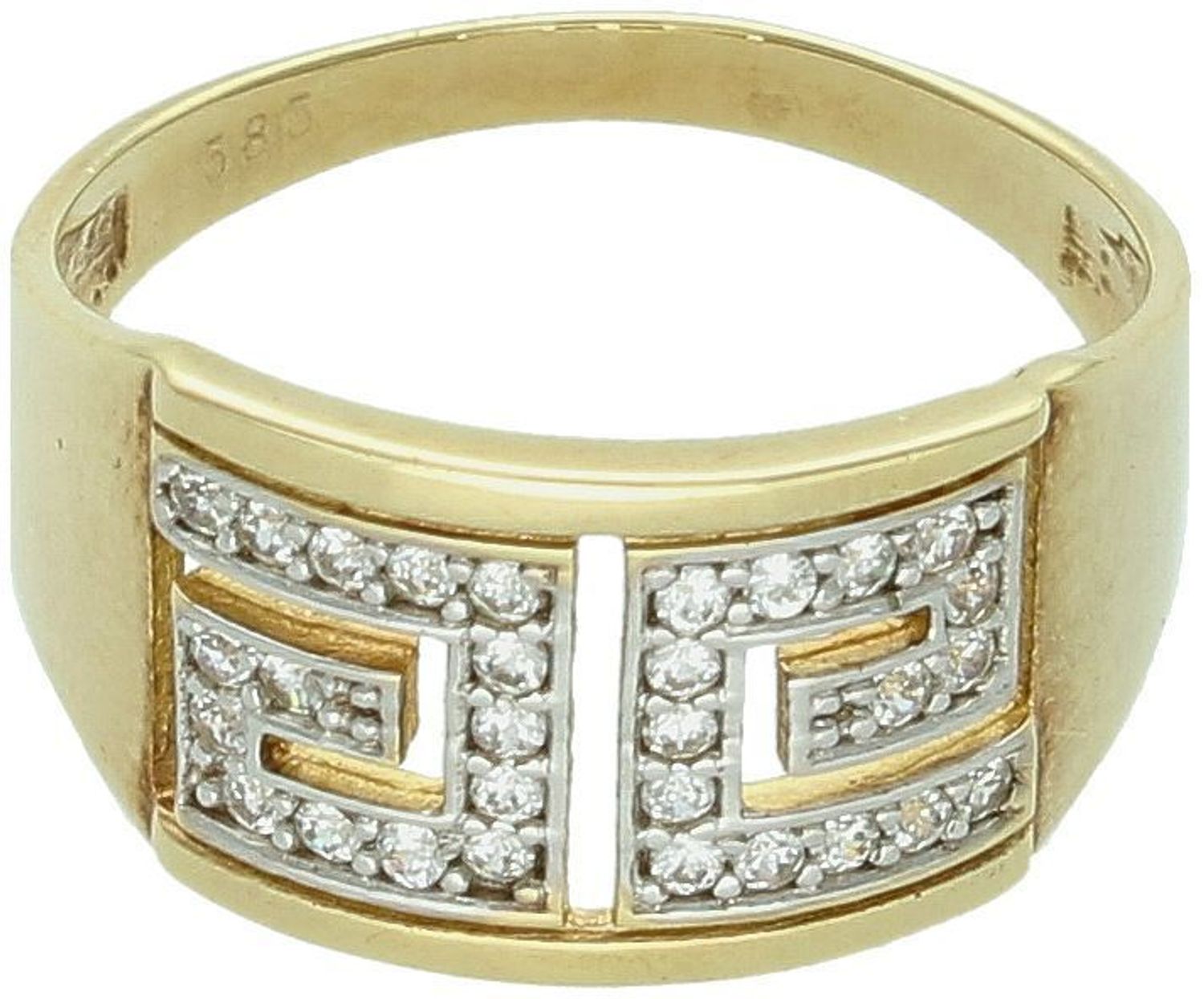 Złoty pierścionek damski próby 585 z motywem drogi greckiej i cyrkoniami. Szerokość górna 1,1 cm, dolna szyna 3 mm, waga 3,94 g. Model DIA-PRS-8929-585 – klasyka z blaskiem.1.jpg