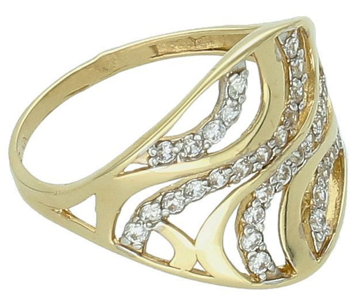 Złoty pierścionek szeroki fale z cyrkonii próba 585, DIA-PRS-8936-585. Cyrkonia umieszczona wzdłuż całej szerokości pierścionka, tworząc subtelną, ale 11 Pierścionek wykonany 1.jpg