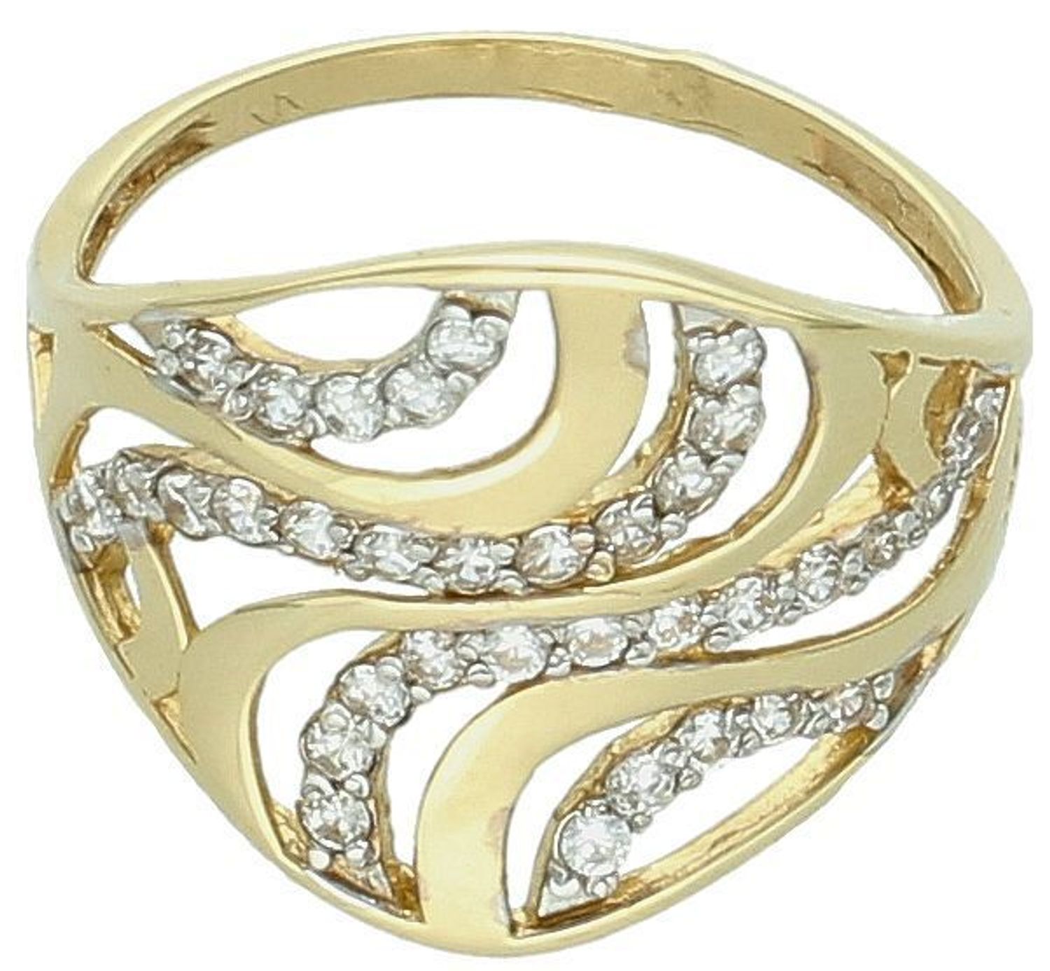 Złoty pierścionek szeroki fale z cyrkonii próba 585, DIA-PRS-8936-585. Cyrkonia umieszczona wzdłuż całej szerokości pierścionka, tworząc subtelną, ale 11 Pierścionek wykonany 1.jpg