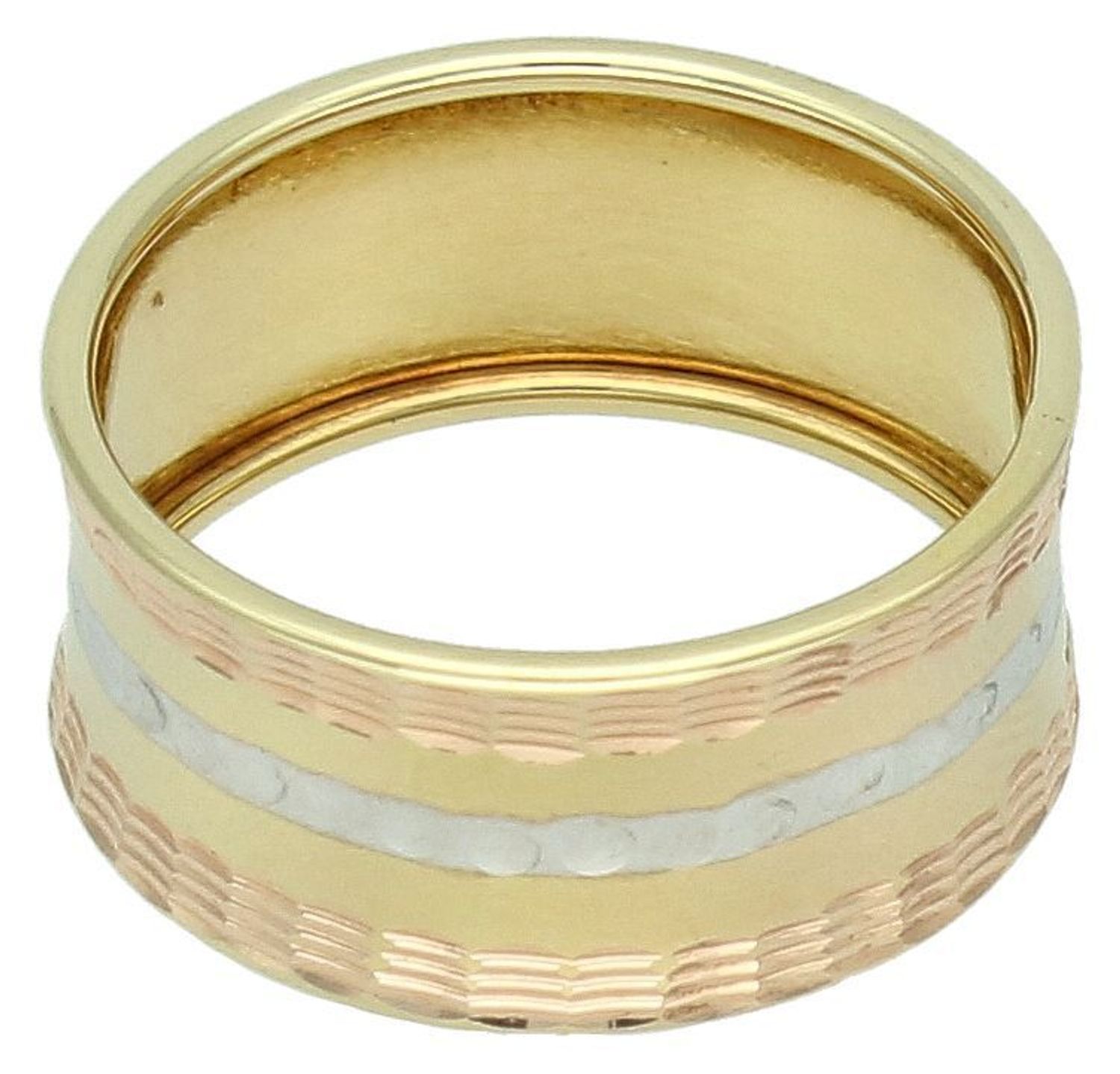 Pierścionek złoty szeroki trzy kolory złota grawerowana pr 585, DIA-PRS-8939-585 Ekskluzywny szeroki złoty pierścionek, wykonany z trzech kolorów złota, to propozycja dla kobiet ceniących1.jpg