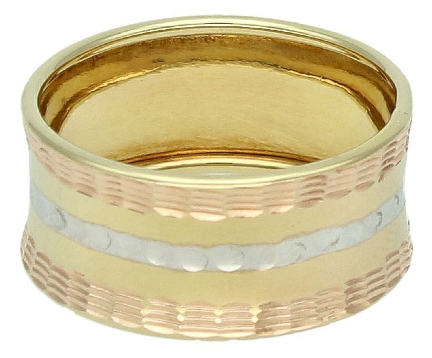Pierścionek złoty szeroki trzy kolory złota grawerowana pr 585, DIA-PRS-8939-585 Ekskluzywny szeroki złoty pierścionek, wykonany z trzech kolorów złota, to propozycja dla kobiet ceniących1.jpg