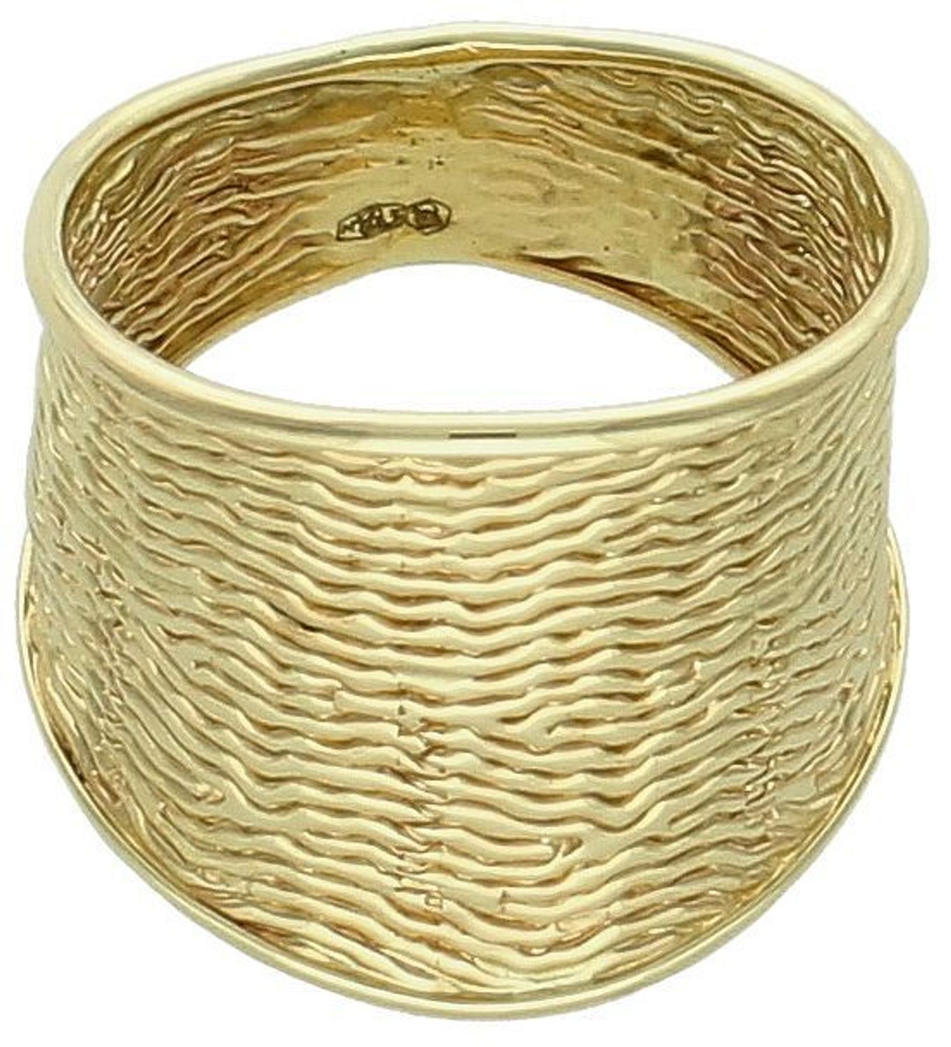 Złoty szeroki pierścionek fakturowany falisty wzór próba 585, DIA-PRS-8941-585. Złoty pierścionek o ciekawym i nowoczesnym wzorze z pewnością przypadnie do gustu każdej kobiecie. 1.jpg