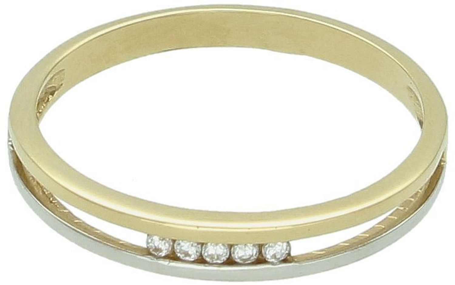 Złoty pierścionek damski próby 585 z pięcioma cyrkoniami i paskiem białego złota. Szerokość górna 3 mm, dolna szyna 2 mm, waga 1,86 g. Model DIA-PRS-8943-585.1.jpg