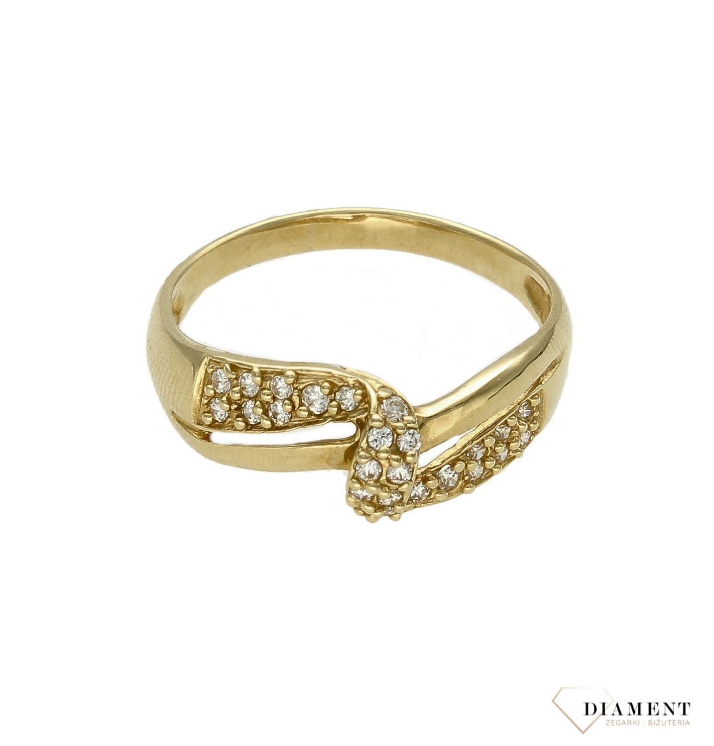 Złoty pierścionek damski 585 Iskrząca fala DIA-PRS-8947-585. Złoty pierścionek w nowoczesnej. prezent na urodziny, rocznicę. Pierścionek błyszczący. Falisty pierścionek. Złoto z wyższej próby..jpg