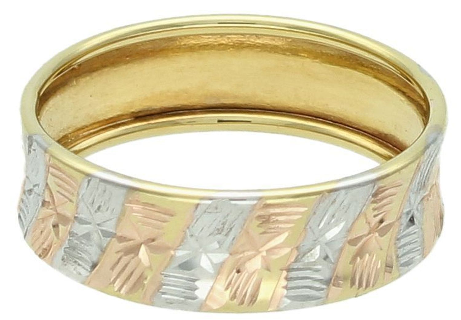 Pierścionek złoty szeroki trzy kolory złota grawerowana pr 585, DIA-PRS-8949-585 Ekskluzywny szeroki złoty pierścionek, wykonany z trzech kolorów złota, to propozycja dla kobiet ceniących 1.jpg
