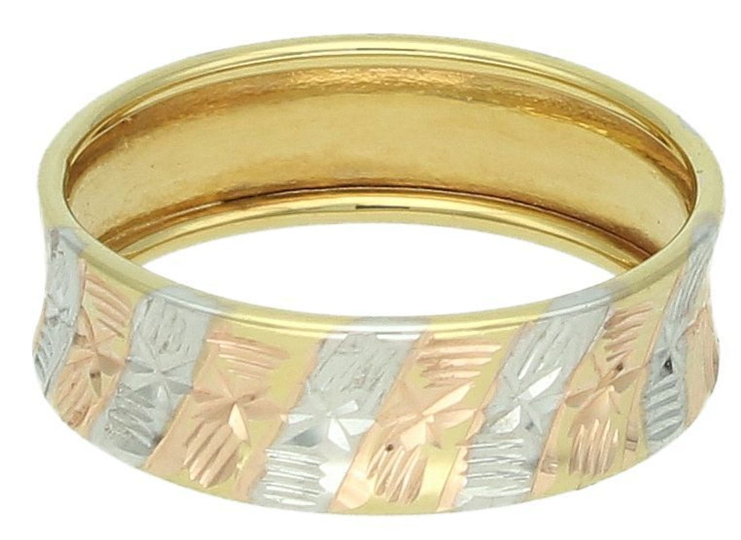 Pierścionek złoty szeroki trzy kolory złota grawerowana pr 585, DIA-PRS-8949-585 Ekskluzywny szeroki złoty pierścionek, wykonany z trzech kolorów złota, to propozycja dla kobiet ceniących 1.jpg