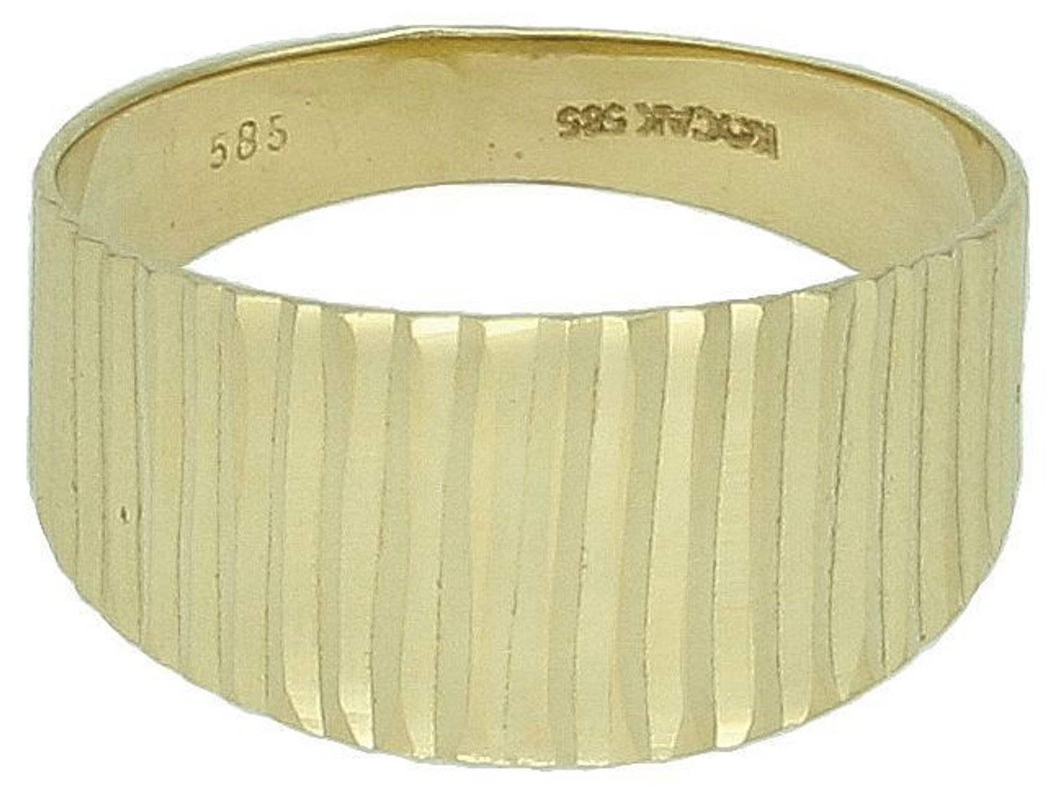 Pierścionek złoty Sygnet żłobiona powierzchnia próba 585, DIA-PRS-8951-585. Pierścionek wykonany z najwyższej jakości złota próby 585. Złoty sygnet ze żłobioną powierzchnią dodaje nowoczesnego 1.jpg