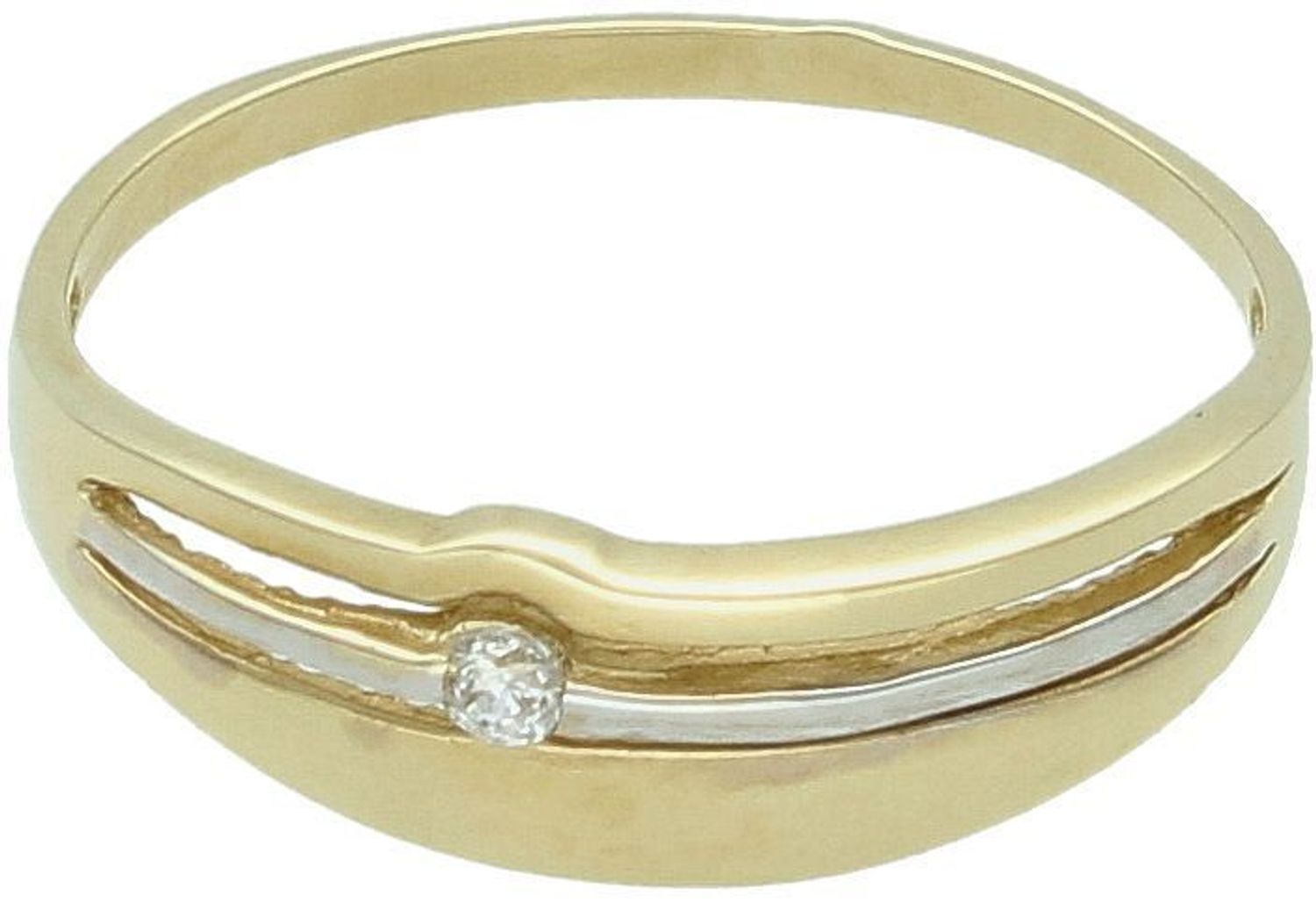 Damski pierścionek ze złota próby 585 z cyrkonią i paskiem białego złota. Szerokość górna 6 mm, dolna 1 mm, waga 2,18 g. Model DIA-PRS-8952-585 – połączenie elegancji i nowoczesności.1.jpg