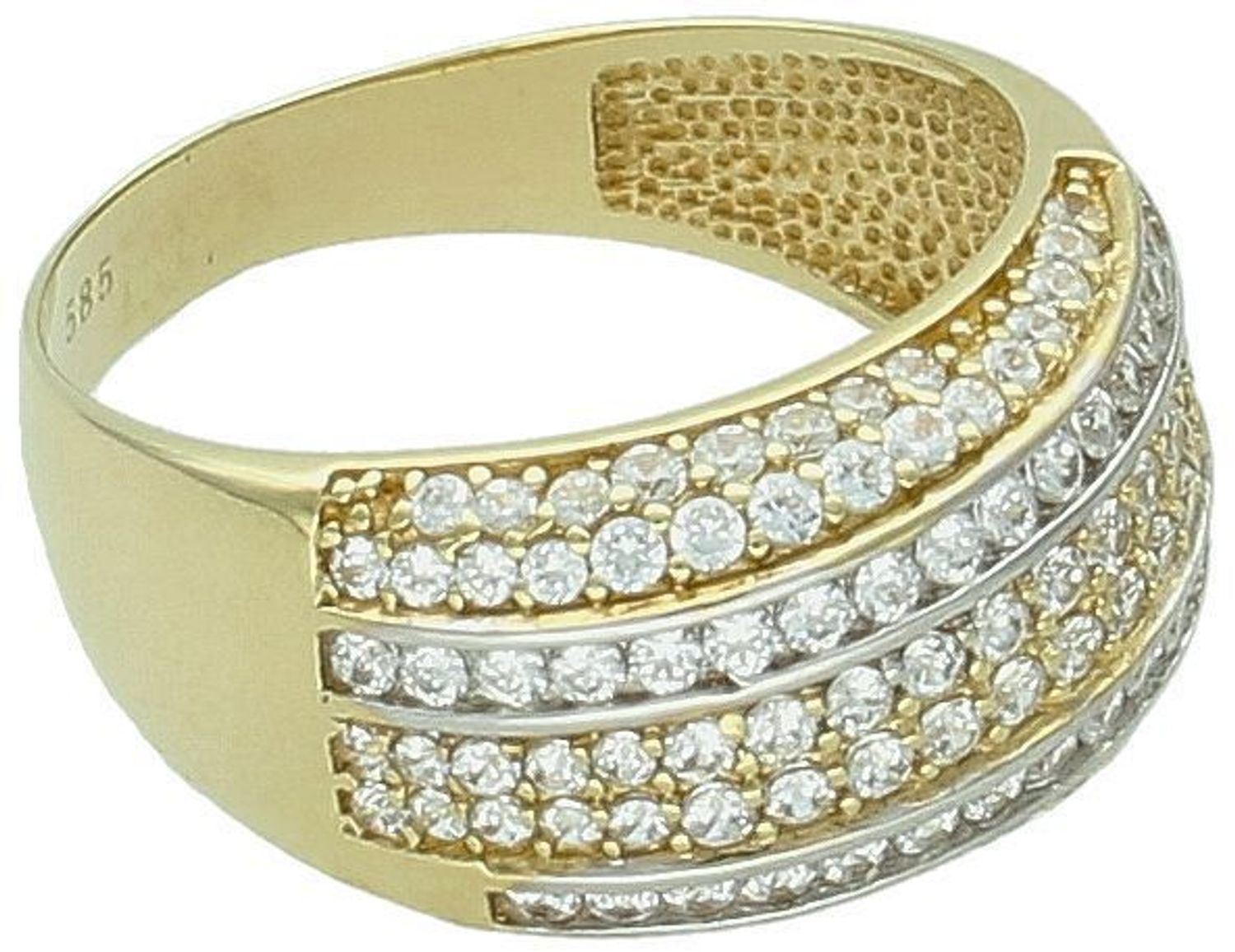 Złoty pierścionek szeroki z białą cyrkonią próba 585, DIA-PRS-8953-585. Szeroki złoty pierścionek z białą cyrkonią to elegancki i nowoczesny wybór, 1.jpg