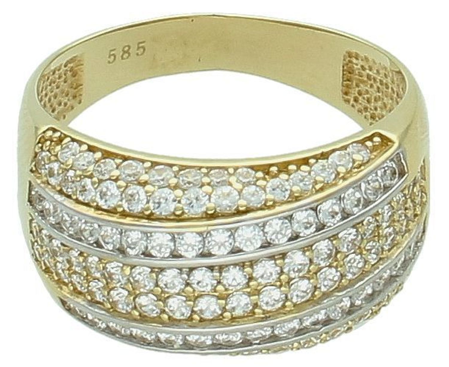 Złoty pierścionek szeroki z białą cyrkonią próba 585, DIA-PRS-8953-585. Szeroki złoty pierścionek z białą cyrkonią to elegancki i nowoczesny wybór, 1.jpg