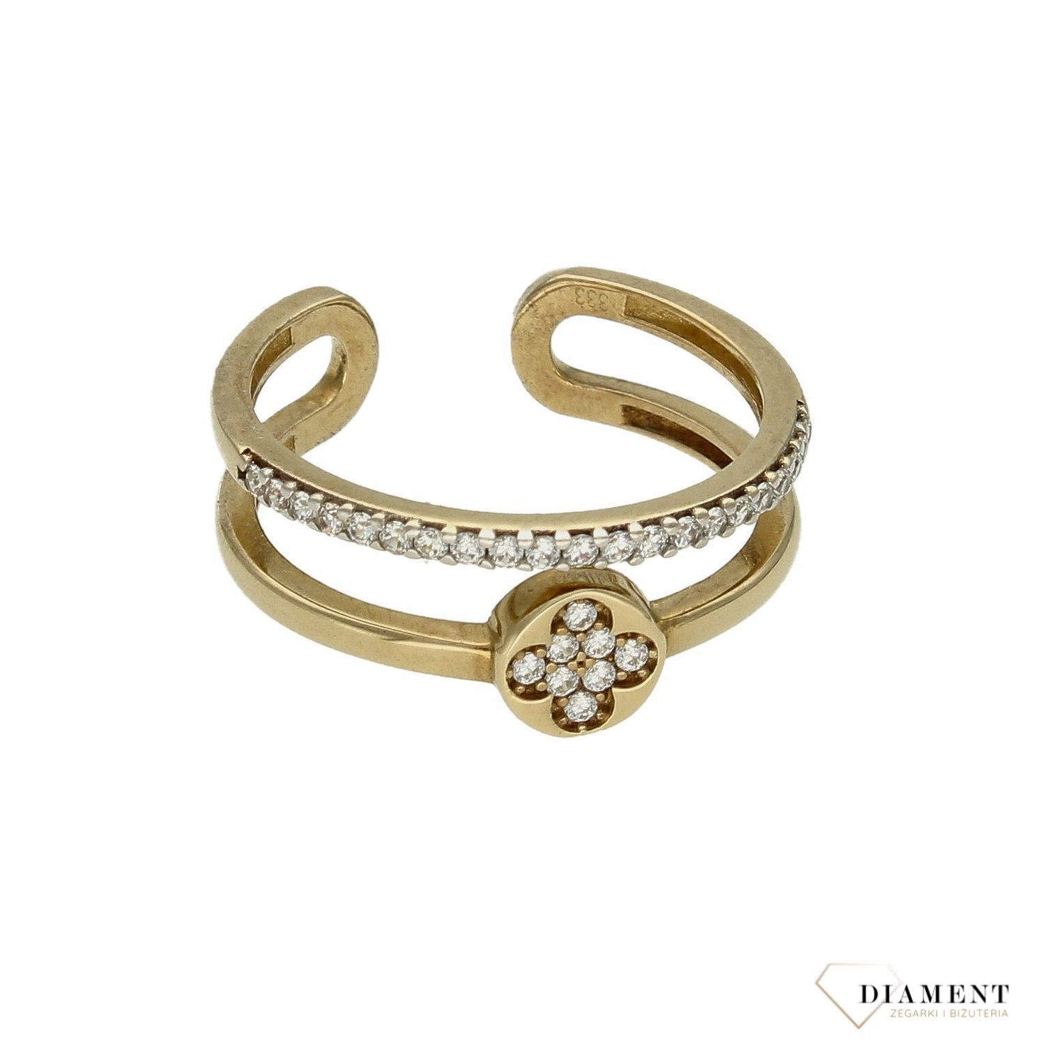 Pierścionek złoty damski podwójny z kwiatkiem 333 DIA-PRS-9167-333. Prezent podkreśli piękno wyjątkowych momentów zaręczyn, rocz (4).jpg