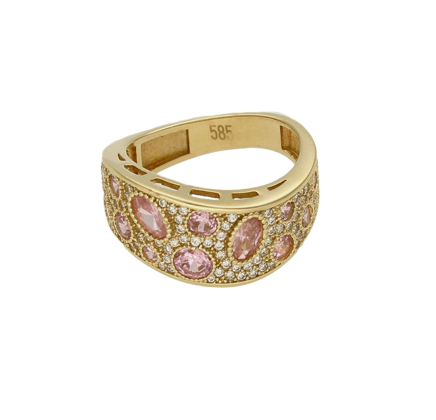 Złoty pierścionek damski bogato zdobiony cyrkoniami rozmiar 15 DIA-PRS-9213-585 to złoty damski pierścionek wykonany z wysokiej próby złota 585. Wysadzane białe drobne cyrkonie wraz z pojedynczymi różowymi  nadają pierścionk (4).jpg