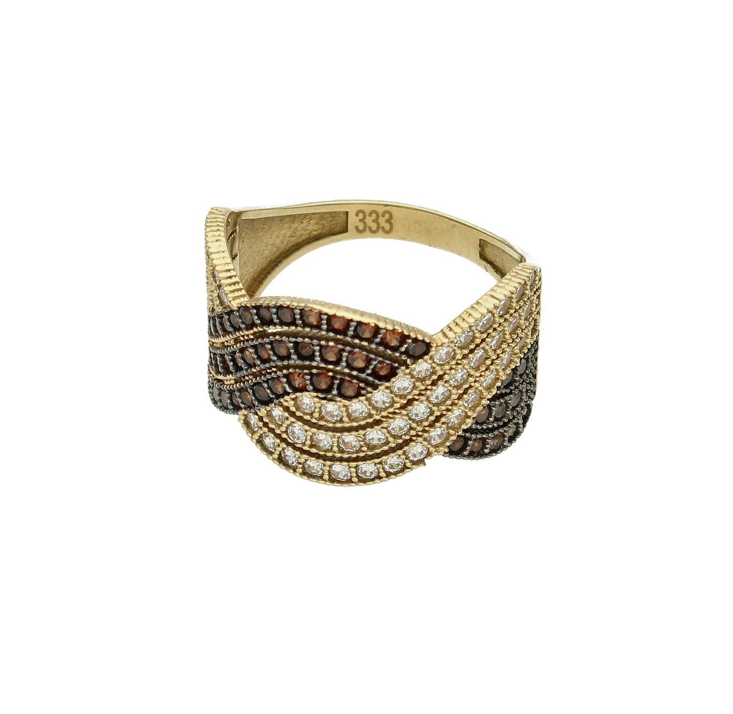 Złoty pierścionek damski Przeplatany Białe i brązowe Kamienie rozmiar 13 to niezwykły bogato zdobiony pierścionek z wysokiej próby złota 585. Niezwykły pierścionek ze złota dla nowoczesnej kobiety (4).jpg