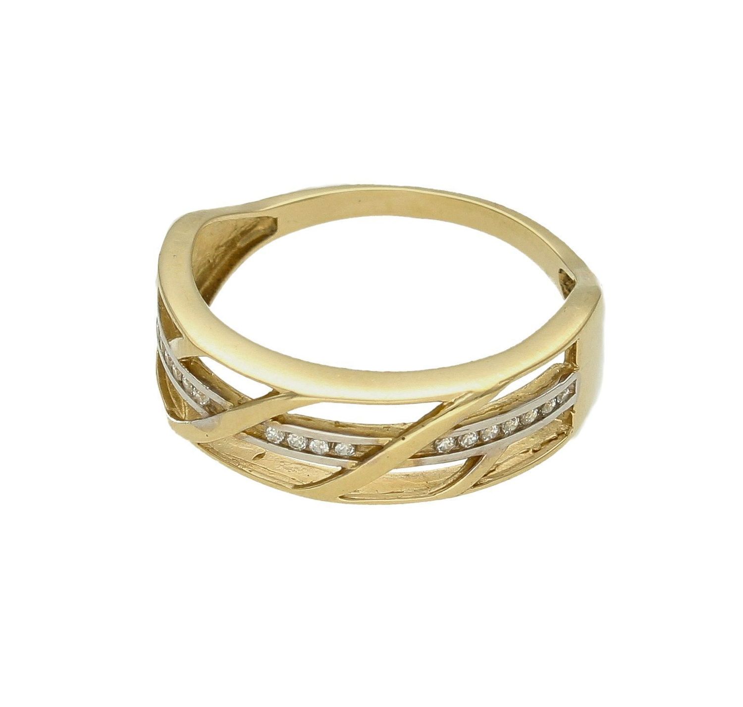 Złoty pierścionek 585 szeroki z cyrkoniami rozmiar 18 DIA-PRS-9221-585 to złoty damski pierścionek wykonany z wysokiej próby złota 585. Idealna biała cyrkonia we wzorze szerokiej obrączki nadają pierścionkowi nowoczesnego wy (4).jpg