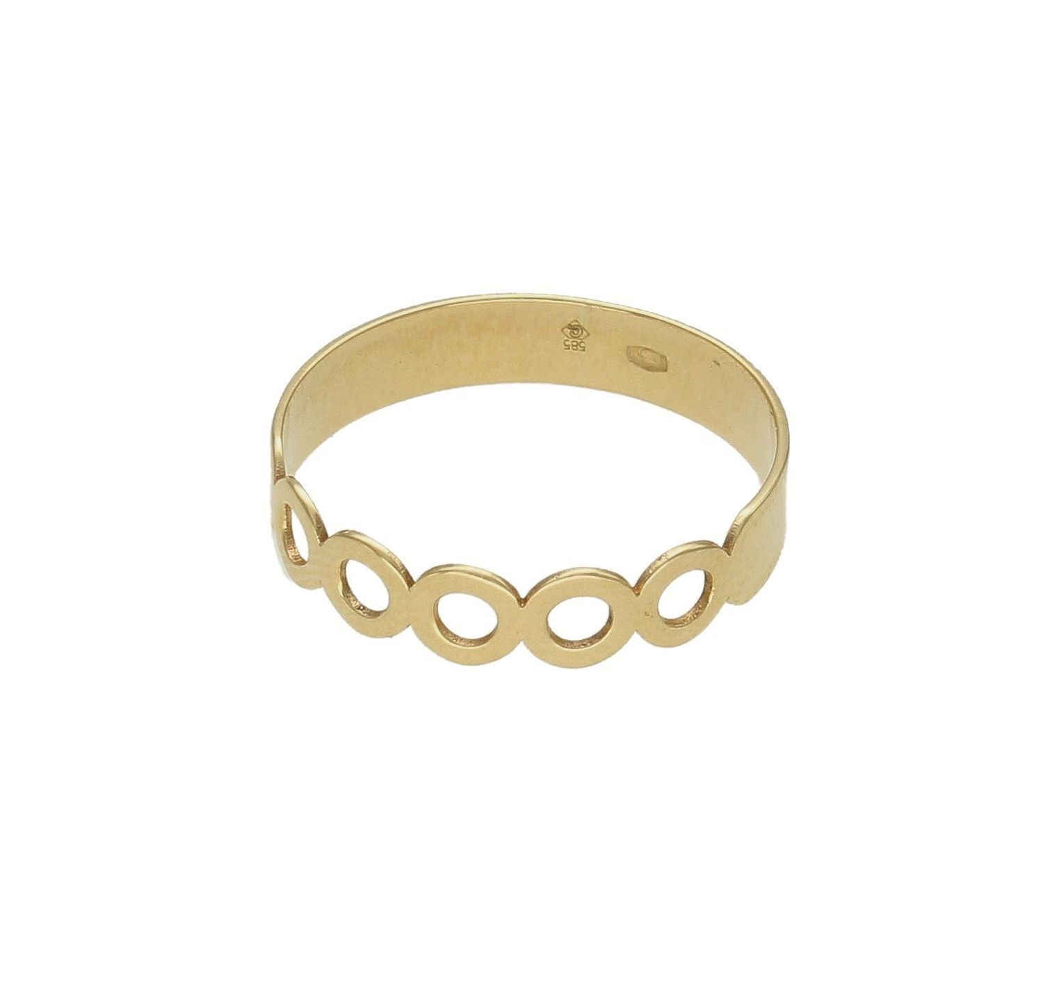 Złoty pierścionek 585 wzór kółeczek rozmiar 12 DIA-PRS-9233-585 to złoty damski pierścionek wykonany z wysokiej próby złota 585. Wzór kółeczek w obrączce nadaje pierścionkowi nowoczesnego wyglądu.  (4).jpg