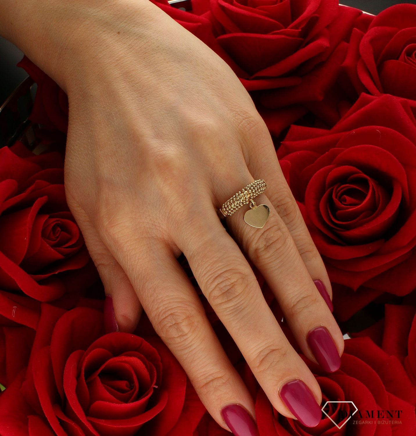 Złoty pierścionek damski 585 z zawieszką Wiszące serce rozmiar 9 DIA-PRS-9282-585. Unikatowy pierścionek podkreśli piękno wyjątk (2).jpg