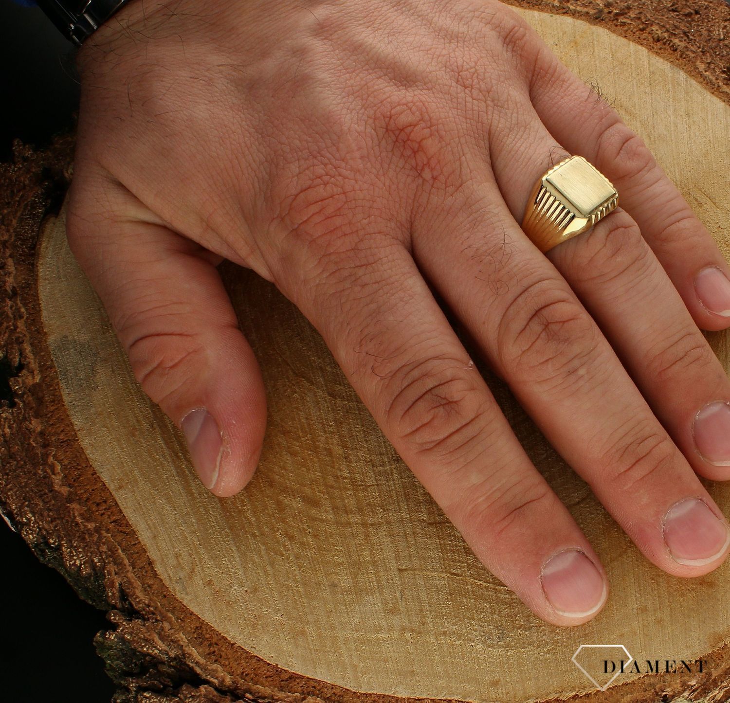 Złoty sygnet męski 585 z ozdobnymi nacięciami DIA-PRS-9287-585 rozmiar 27. Złoty sygnet z ozdobnymi nacięciami. Męski sygnet wykonany z 14 karatowego żółtego złota. Męska biżuteria idealna na wszelkie okazje. Złota biżuteria w (1).jpg