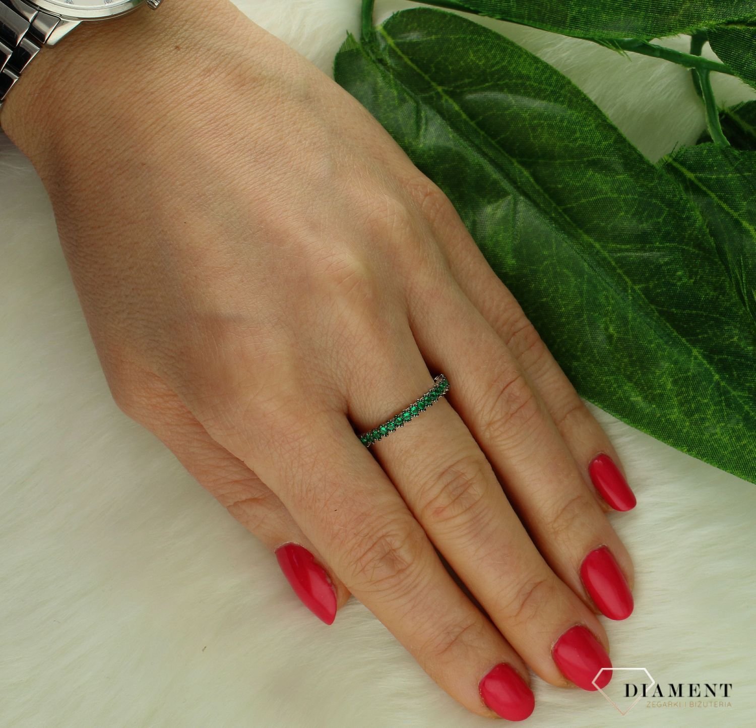 Srebrny pierścionek damski 925 zielona obrączka DIA-PRS-9621-925.jpg