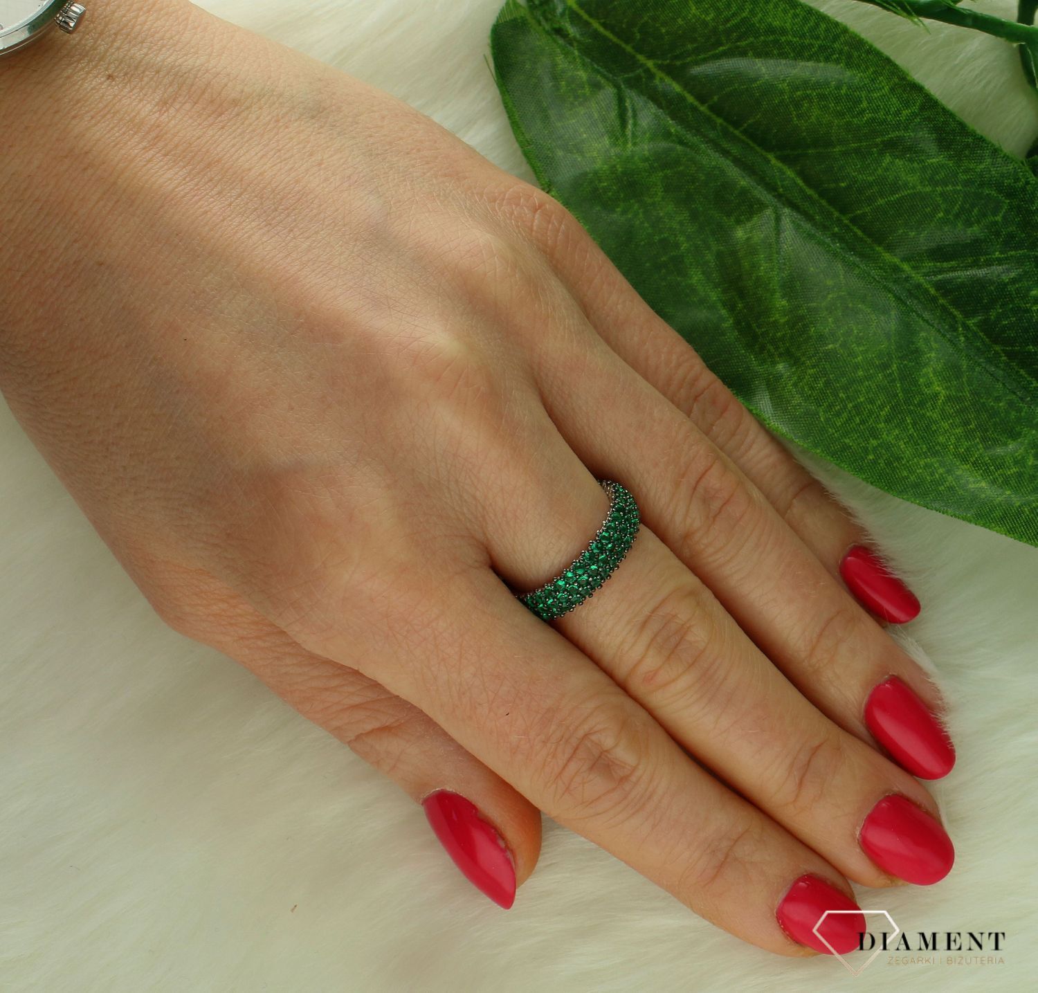 Srebrny pierścionek damski 925 zielona obrączka DIA-PRS-9627-925.jpg