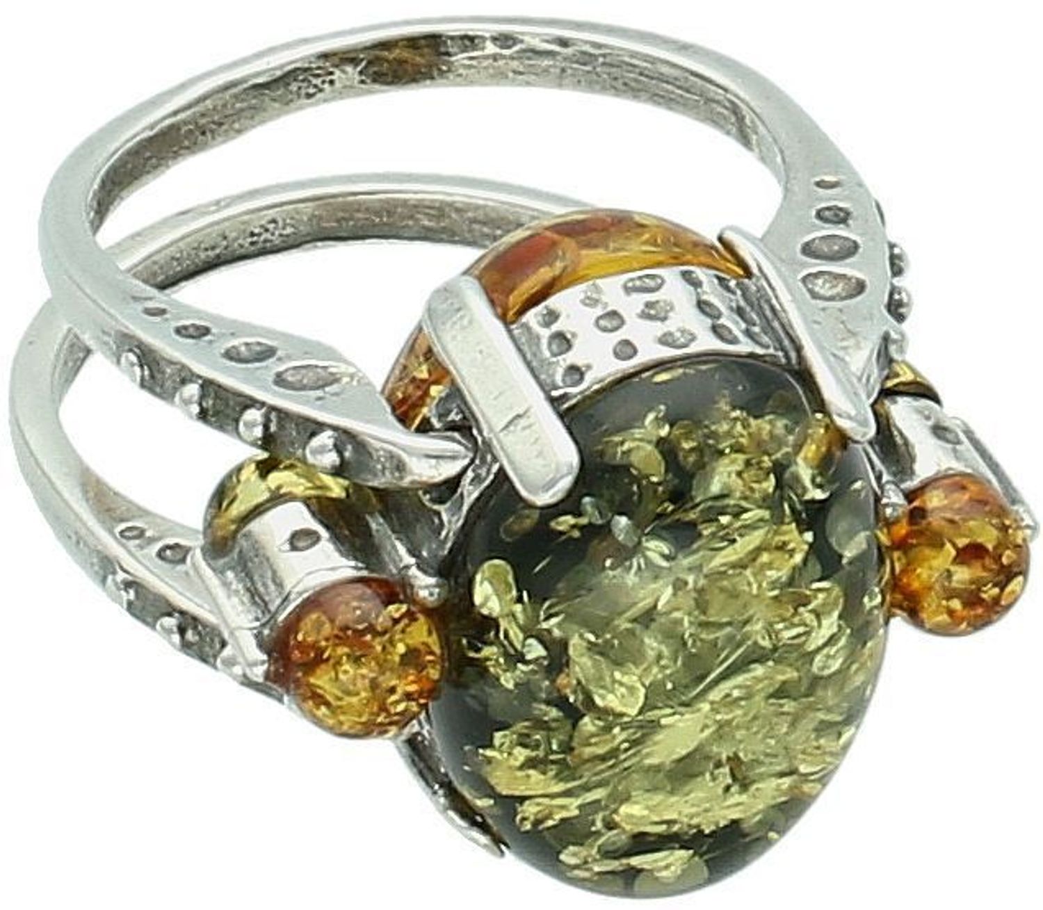 Dwustronny pierścionek srebrny 925 z bursztynem bałtyckim – brązowy po jednej stronie, zielony po przełożeniu. Wielkość elementu ozdobnego 2,0 cm x 1,6 cm. Waga 7,71 g.1.jpg