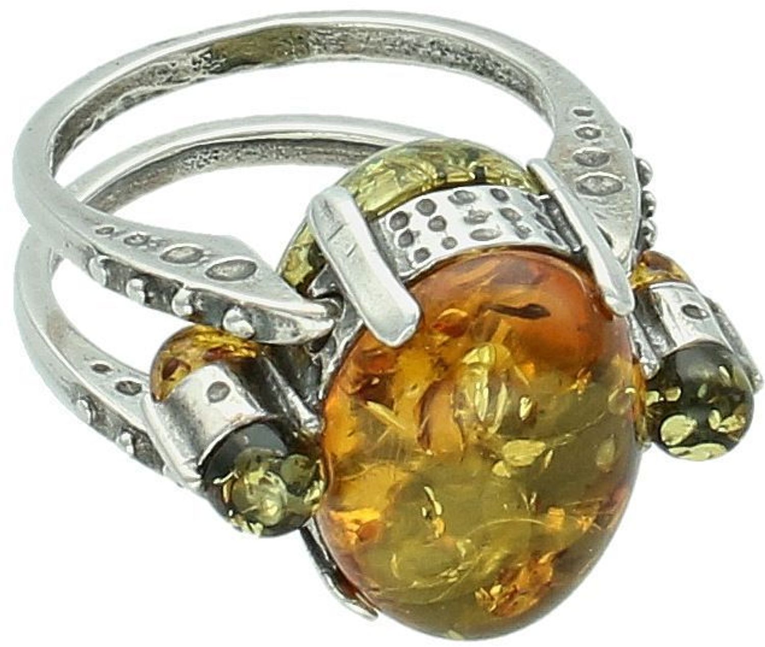 Dwustronny pierścionek srebrny 925 z bursztynem bałtyckim – brązowy po jednej stronie, zielony po przełożeniu. Wielkość elementu ozdobnego 2,0 cm x 1,6 cm. Waga 7,71 g.1.jpg