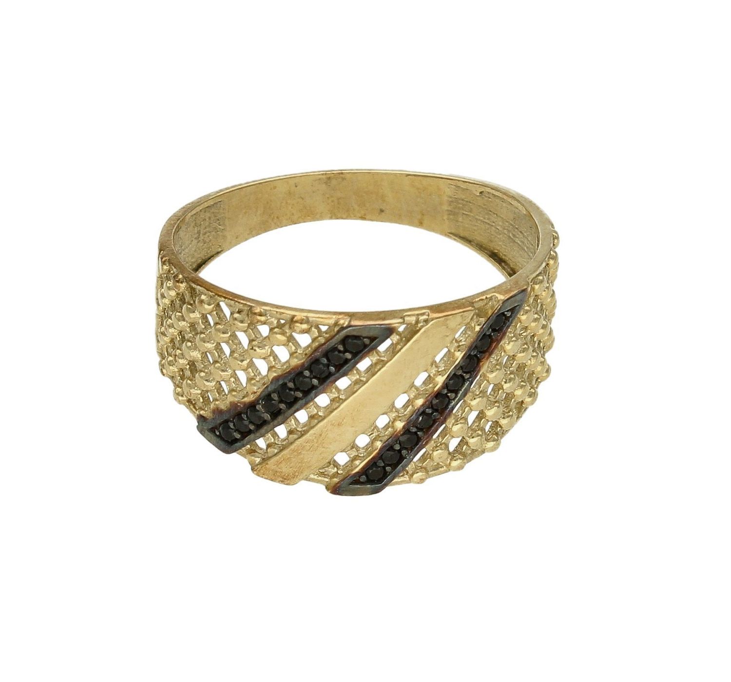 Złoty pierścionek 333 ażurowy z czarnymi cyrkoniami DIA-PRS-PI4277A-333. Pierścionek został wykonany z najwyższej jakości złota próby 333. Waga pierścionka wynosi około 2,95 gram. Pierścionek został ażurowym zdobieniem oraz  (4).jpg