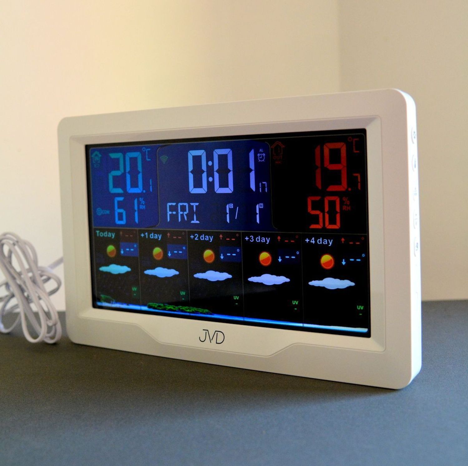 Stacja pogody JVD sterowana radiem, prognoza pogody z aplikacji WIFI RB3390.2.  Stacja pogody do sparowania z telefonem. ✓ zegar z polskim menu ✓zegar z polskim datownikiem ✓.jpg