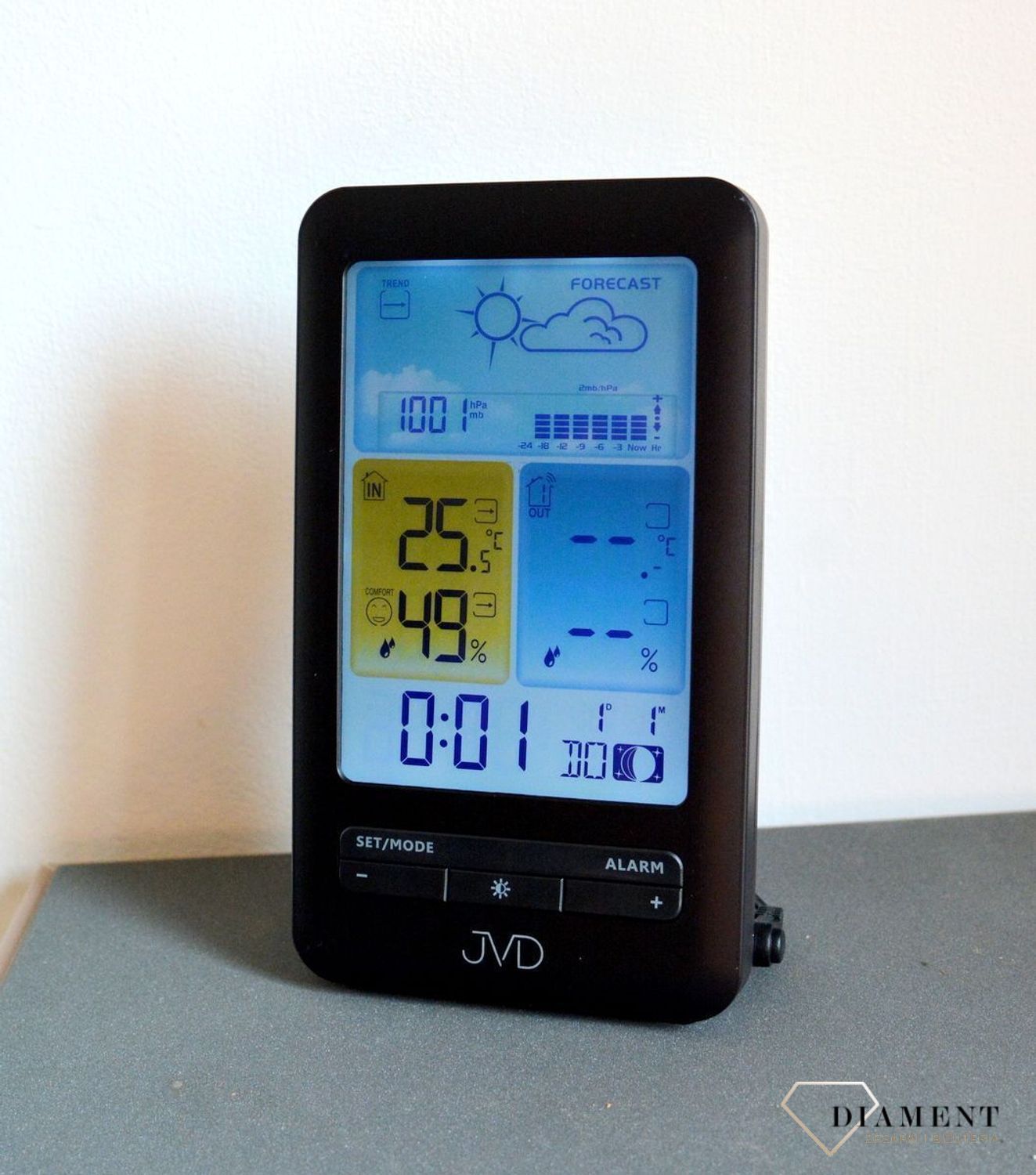 Stacja pogody JVD Czarna RB3395.2. Stacja pogody z fazami księżyca. Stacja pogody z czujnikiem zewnętrznym. Stacja pogody z pomiarem wilgotności. Stacja pogody z zegarem i kalendarzem. Idealny pomysł na prezent..jpg