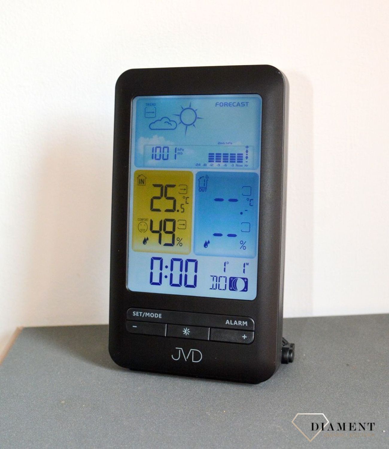 Stacja pogody JVD Czarna RB3395.2. Stacja pogody z fazami księżyca. Stacja pogody z czujnikiem zewnętrznym. Stacja pogody z pomiarem wilgotności. Stacja pogody z zegarem i kalendarzem. Idealny pomysł na prezent..jpg