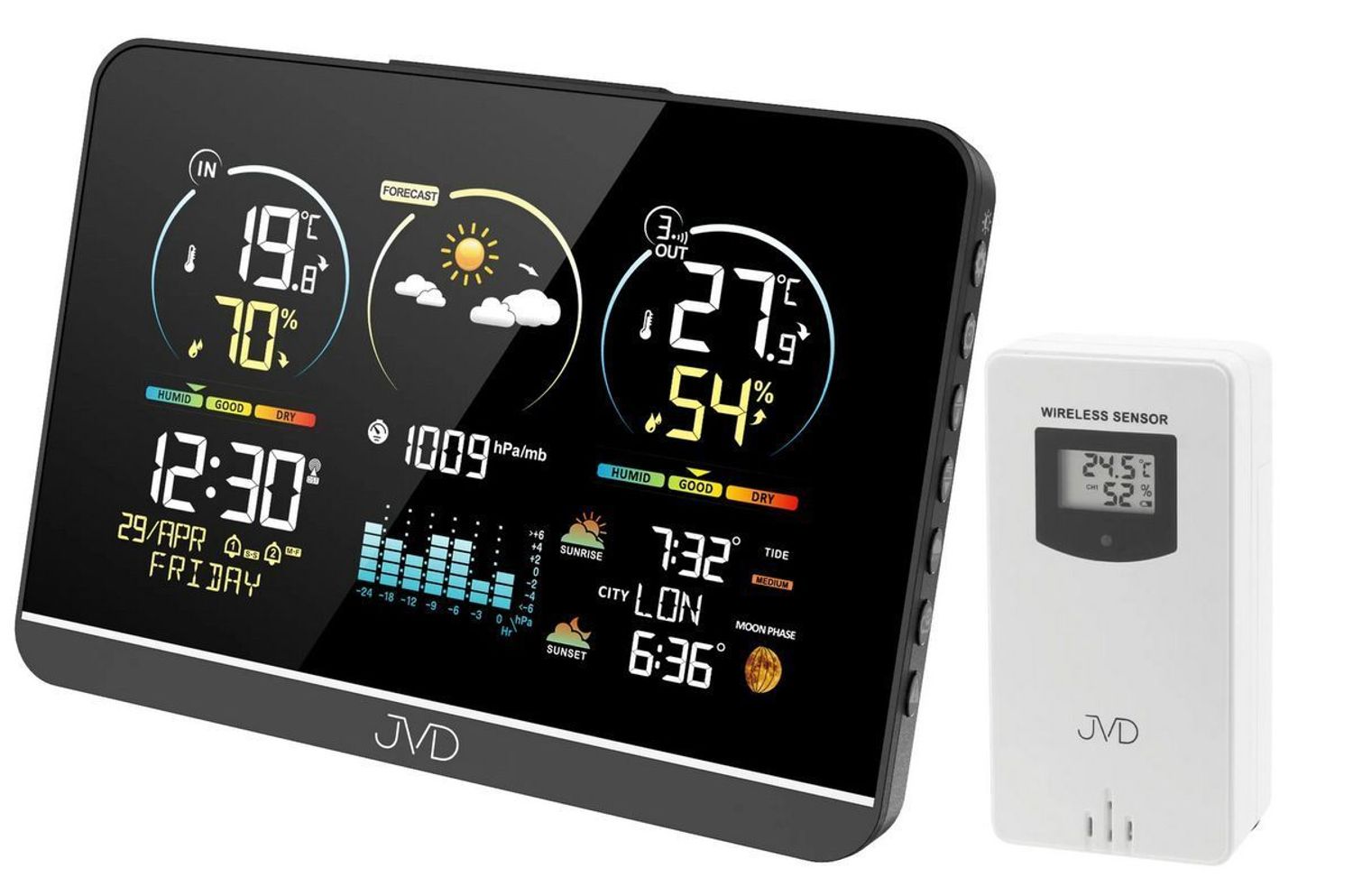 Stacja pogody JVD RB3409 – cyfrowy zegar radiowy z alarmem, termometrem i prognozą pogody.jpg